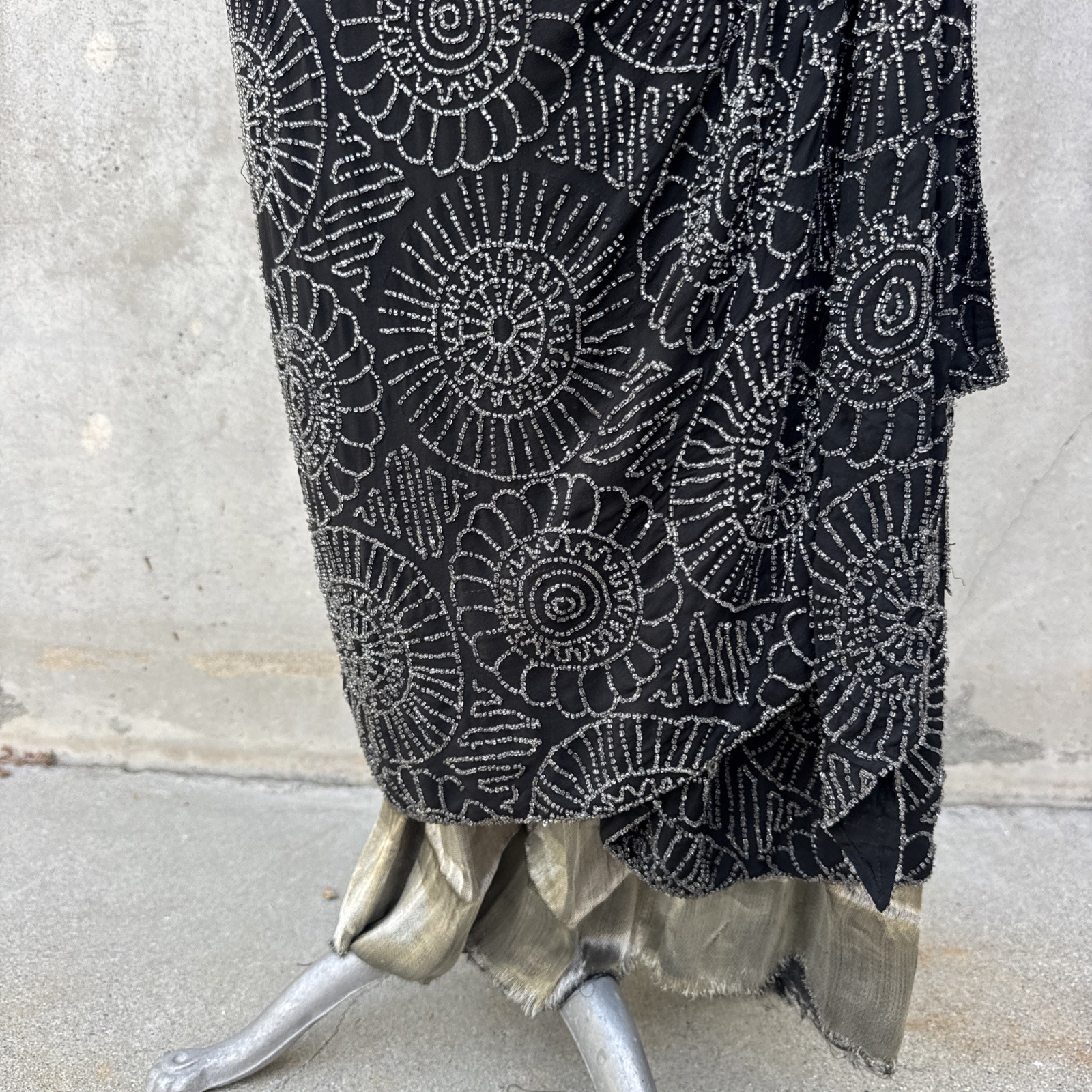 Antique 1920s Completely Beaded Flower Gown Silver Lamé Full Length Dress VTG