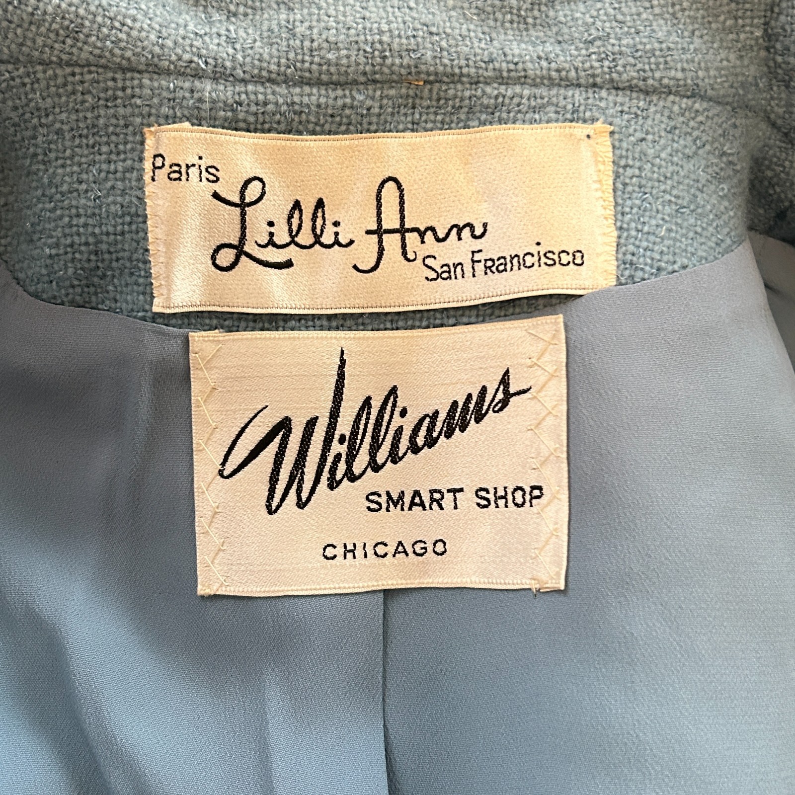 1960s Lilli Ann Wool Boucle Jacket Pencil Skirt Fox Fur Trim Collar Blue Wool