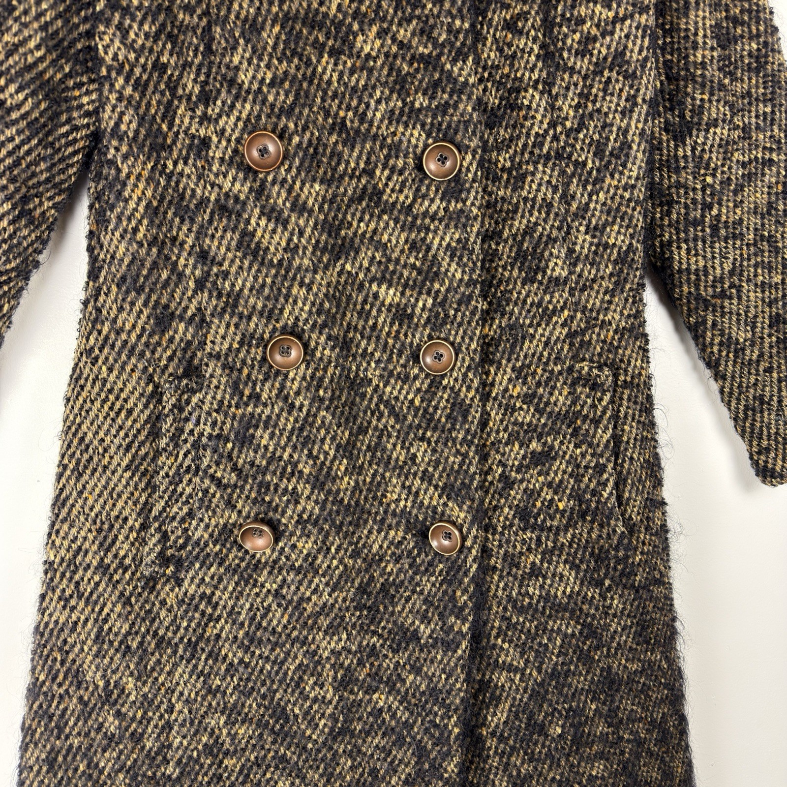 VTG 1960s Custom Made Wool Tweed Double Breasted Coat Womens Small Black Tan NYC