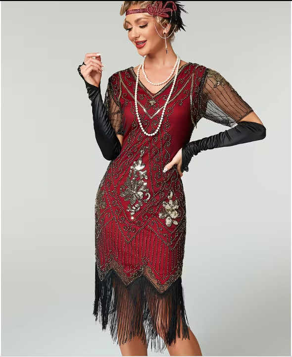 FLAPPER 1920s DRESS-1920s Sequin, Beade Gatsby Party Tassel Short Sleeve Dress