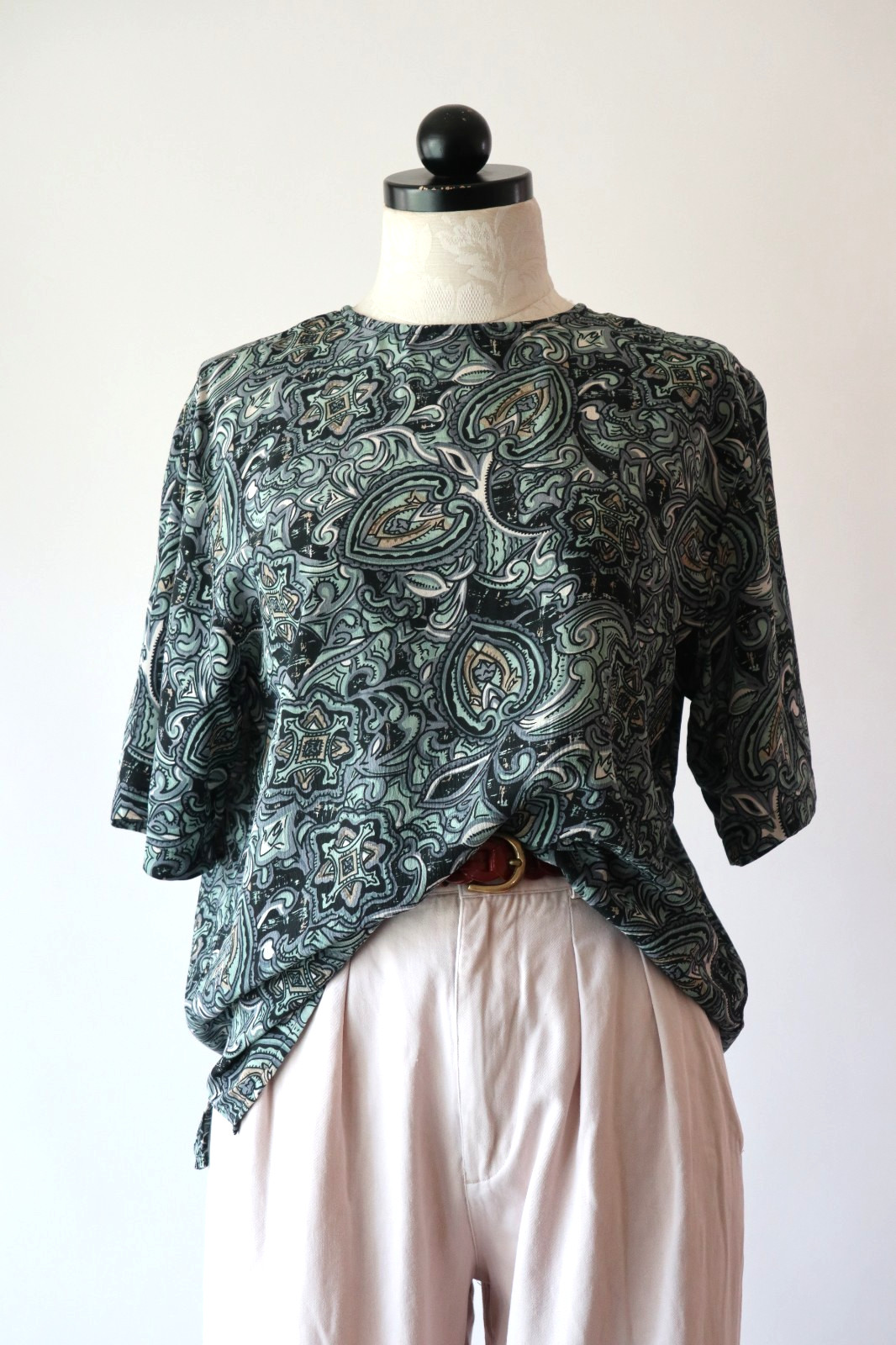 90s Vintage Teal Green Silk Botanical Paisley Short Sleeve Top Blouse Women S M
