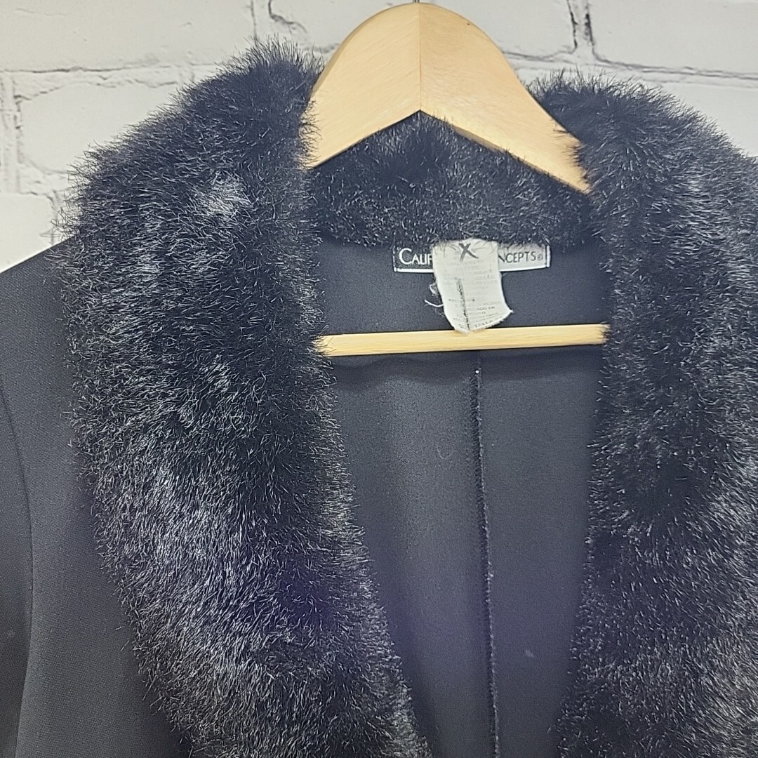 Vintage California Concepts Jacket Fur Collar Womens Black Sz L Large Long Wrap