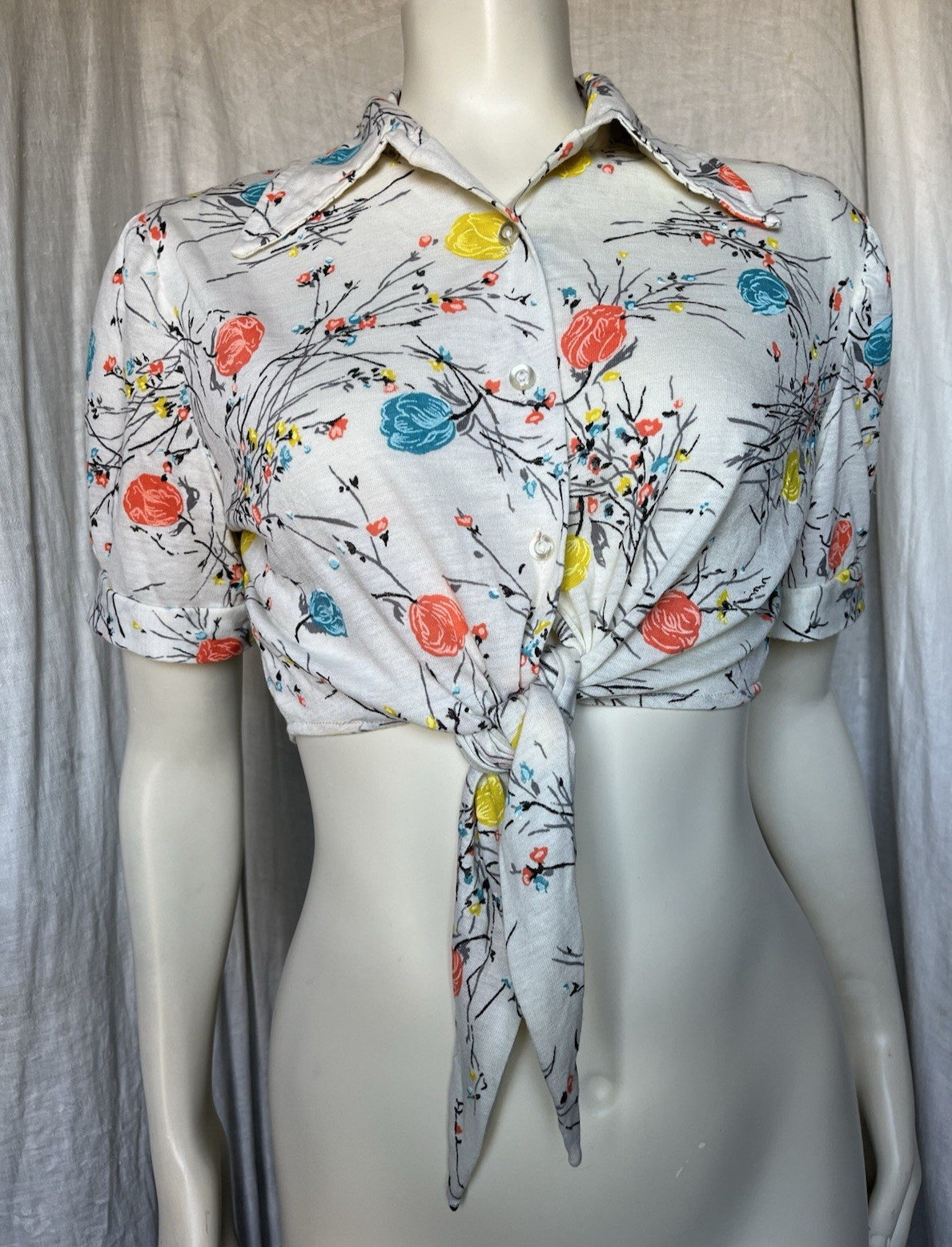 Vintage 70s Floral Crop Tie Blouse Summer Prairie Blooms Hippie Boho Cottage S/M