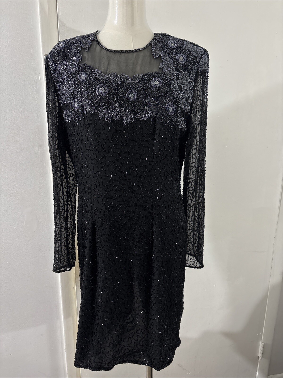 Vtg 100% Silk Stenay Beaded Gown Long Sleeve Black Sz 14 Elegant Whimsigoth