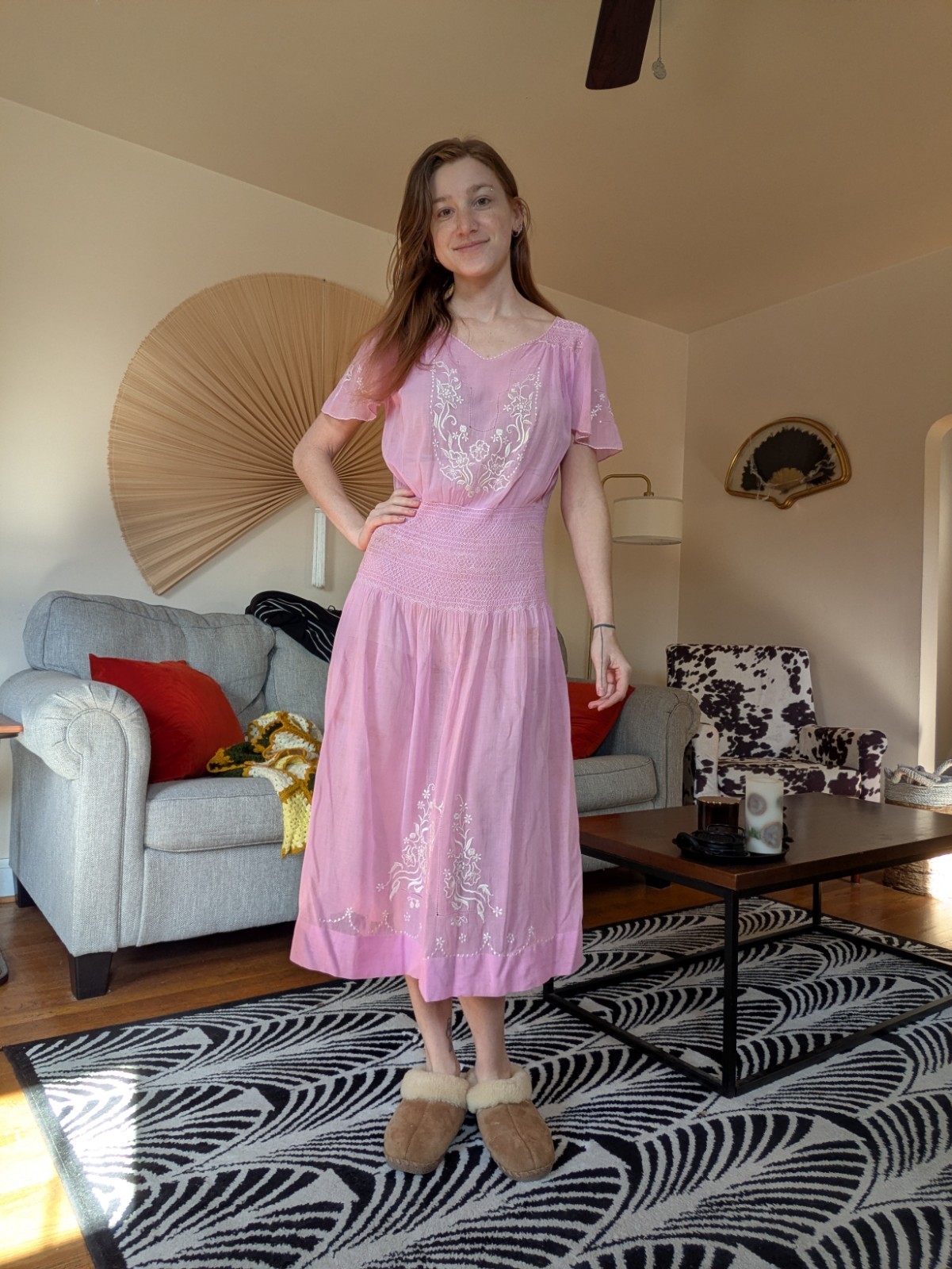 1920s Pink Linen Dress with Hand Smocking, Embroidery, and Cut Work