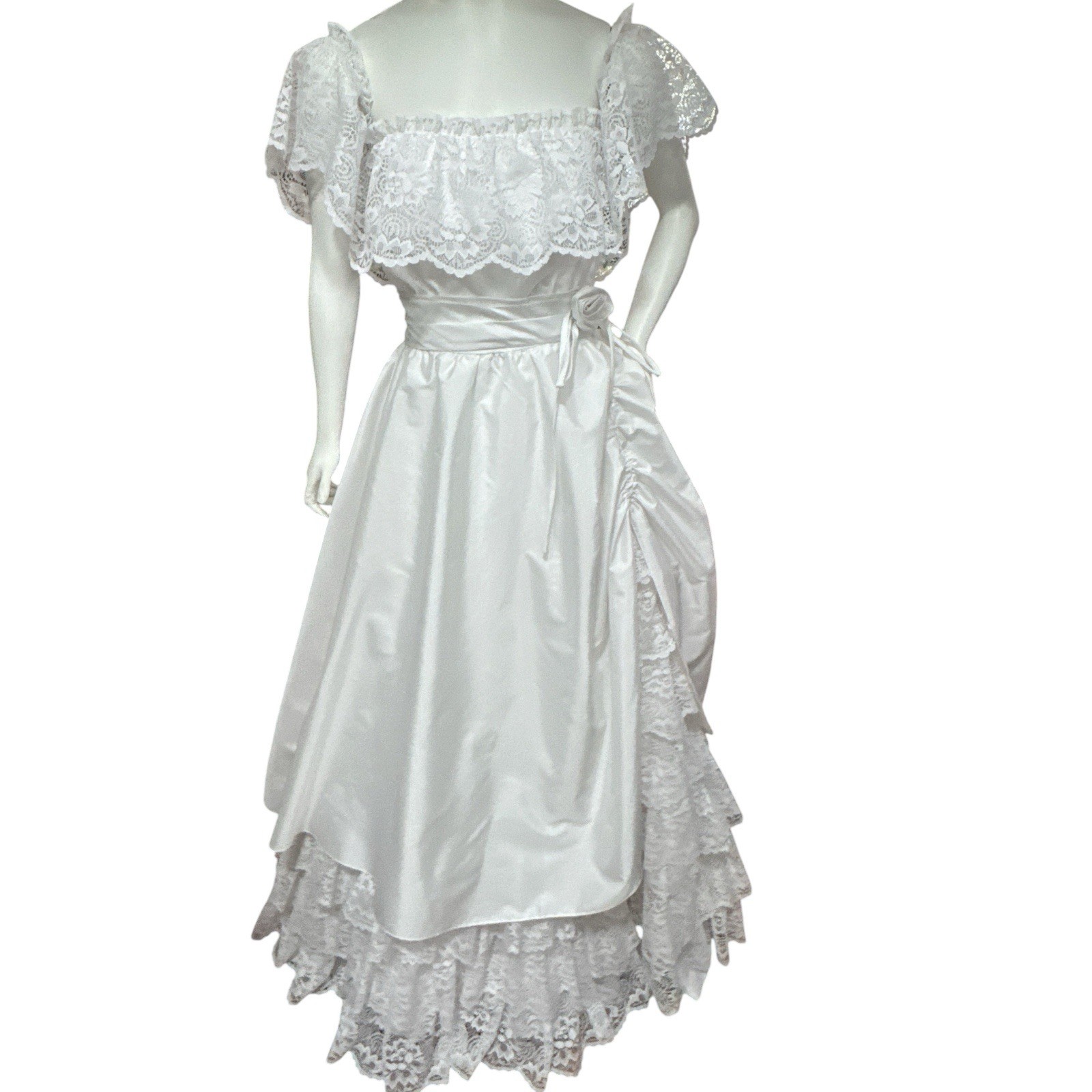 VTG 80’s Satin Lace Prairie Dress With Slip Romantic Off Shoulder Bridal Size S