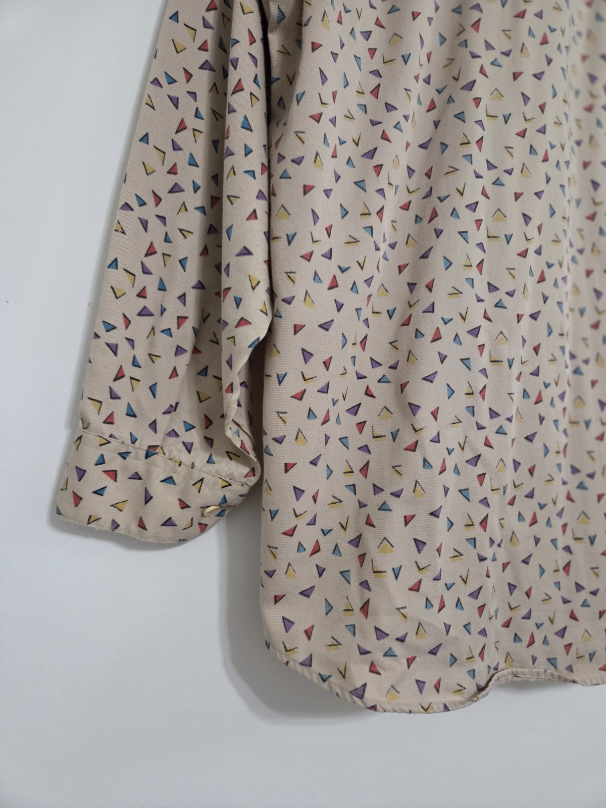Vintage Just Cristina Button-Up Beige Tan Shirt With Multicolor Triangles Size M