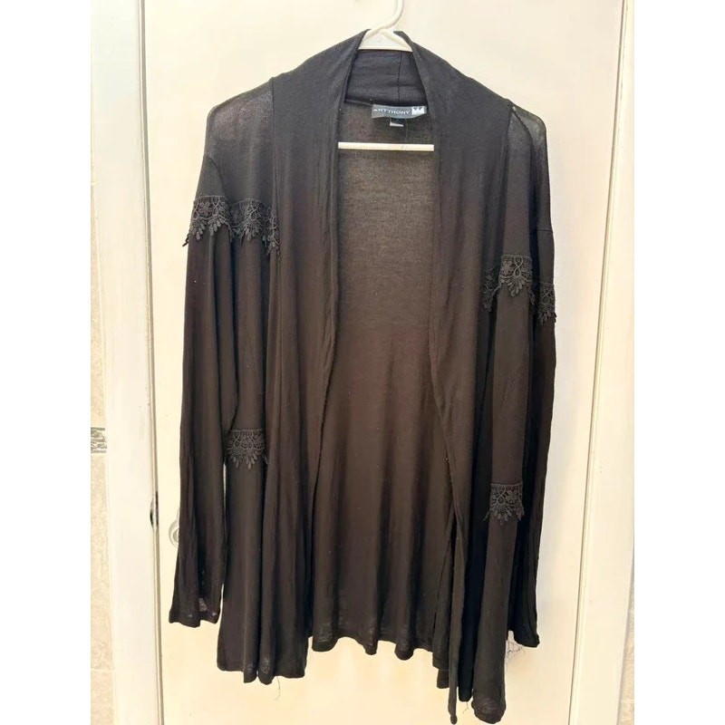 Antthony Black Open Front Cardigan Knit Sweater Women Lace Trim Boho Lightweight