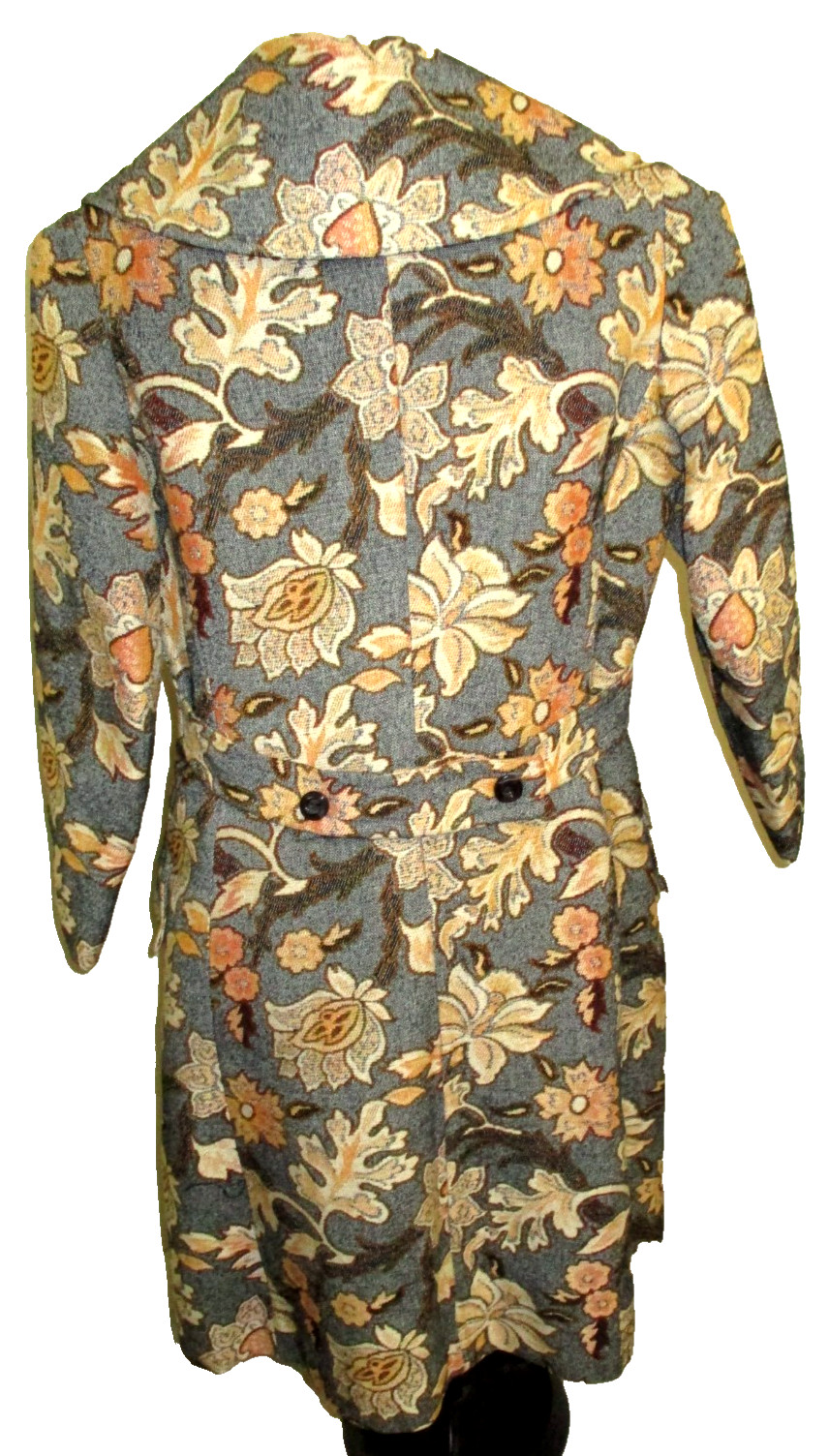 VTG Betty Rose Gray Orng Floral Coat Tapestry Double Breasted Dagger Collar Lrg