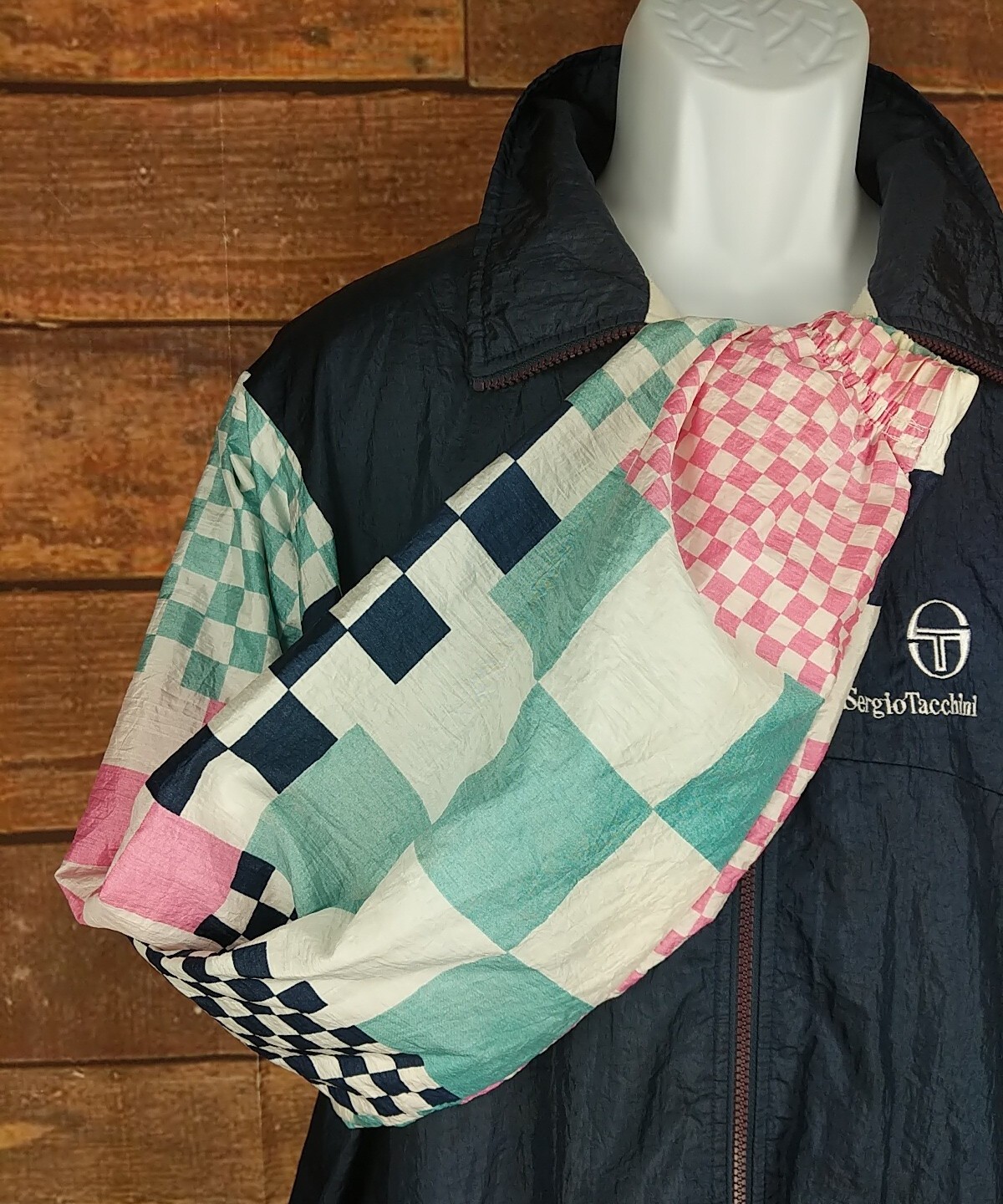 Vtg Sergio Tacchini Jogging Windbreaker Jacket~womens XLT~Blue Pink Check