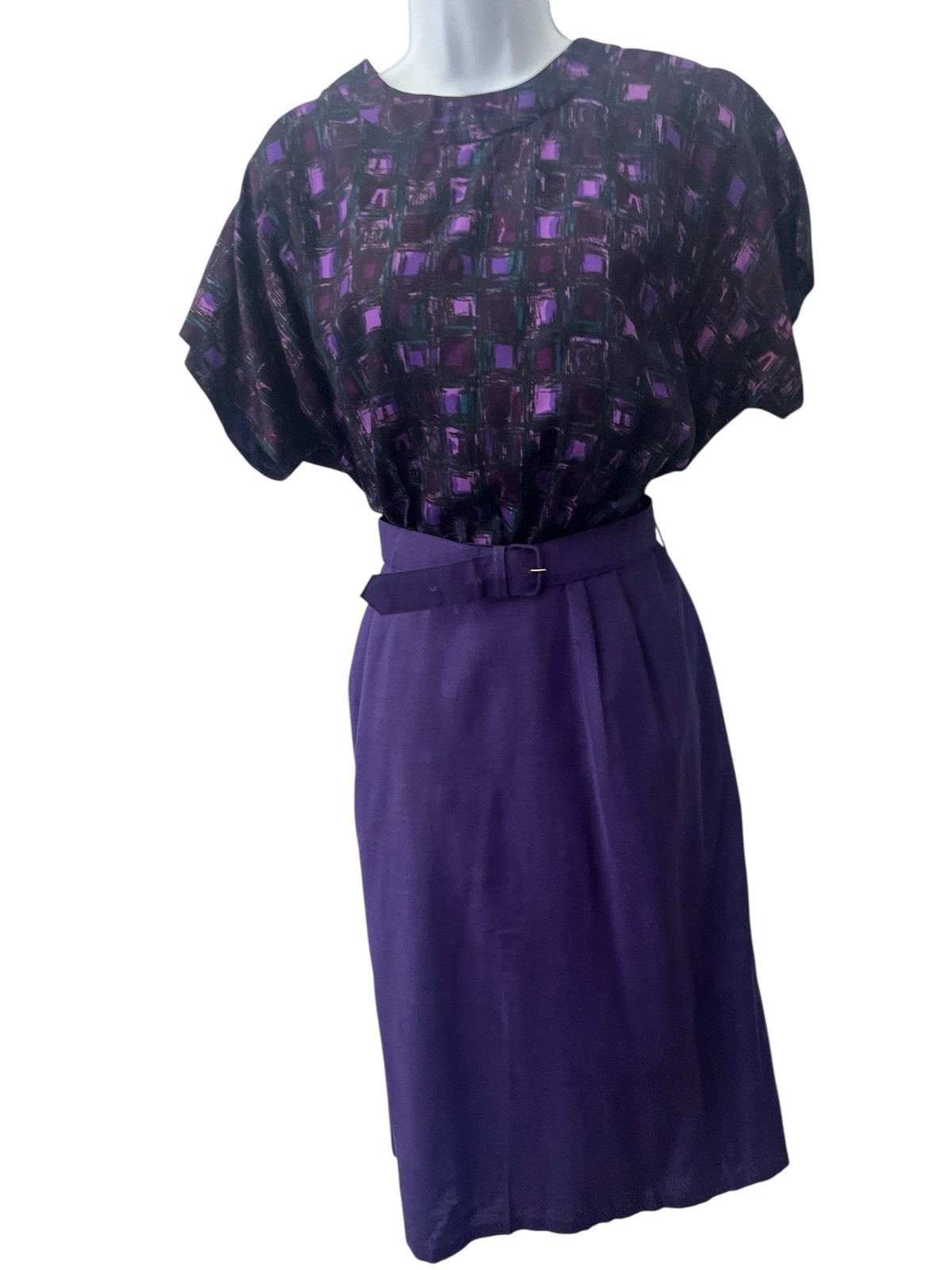 Vtg 50s Atomic Print Dress L Purple Cap Sleeve Silk Solid Skirt Belt Pencil Rare