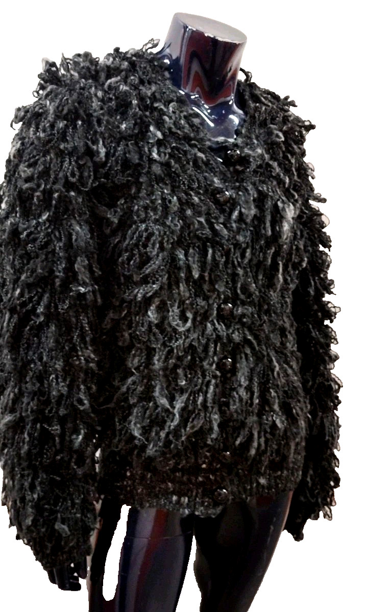 Rochelle Sweater Dark Poodle Bulky Knitwear Black Button Cardigan Size L