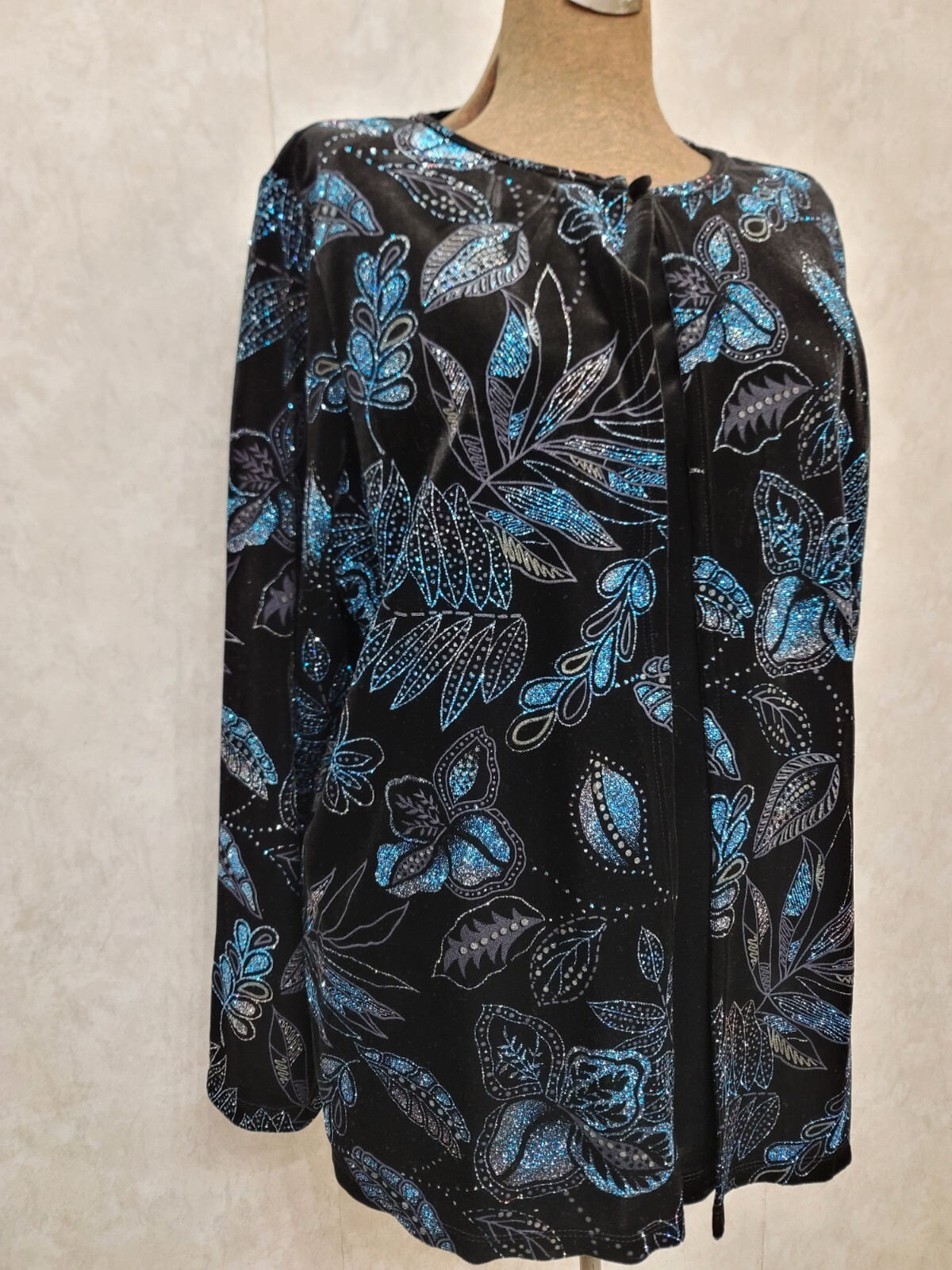 Elementz Vintage Sparkly Glitter Top Shirt Size 2XL Faux Velvety Blue & Black