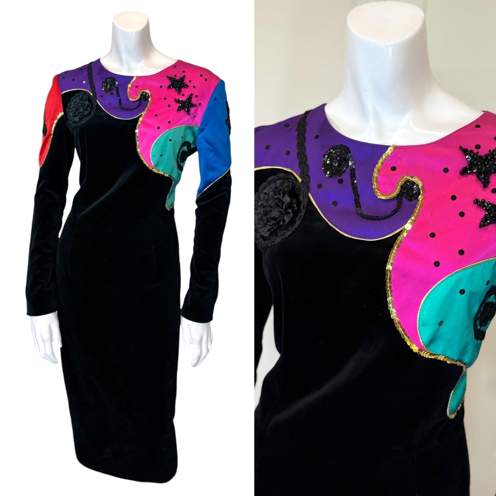 Vintage 80&rsquo;s LOUIS FERAUD VELVET PARTY DRESS 6 M Beaded Sequin Satin Cocktail