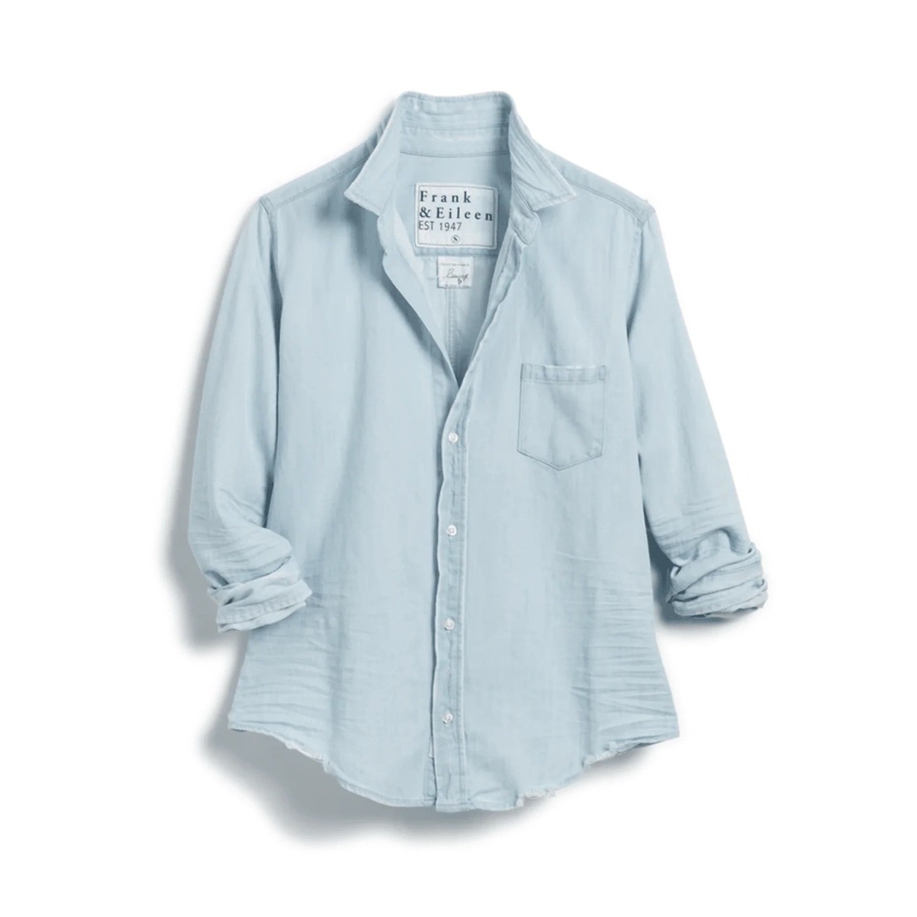 Frank & Eileen Famous Button Down Cotton Denim Distressed Splattered Shirt Sz L