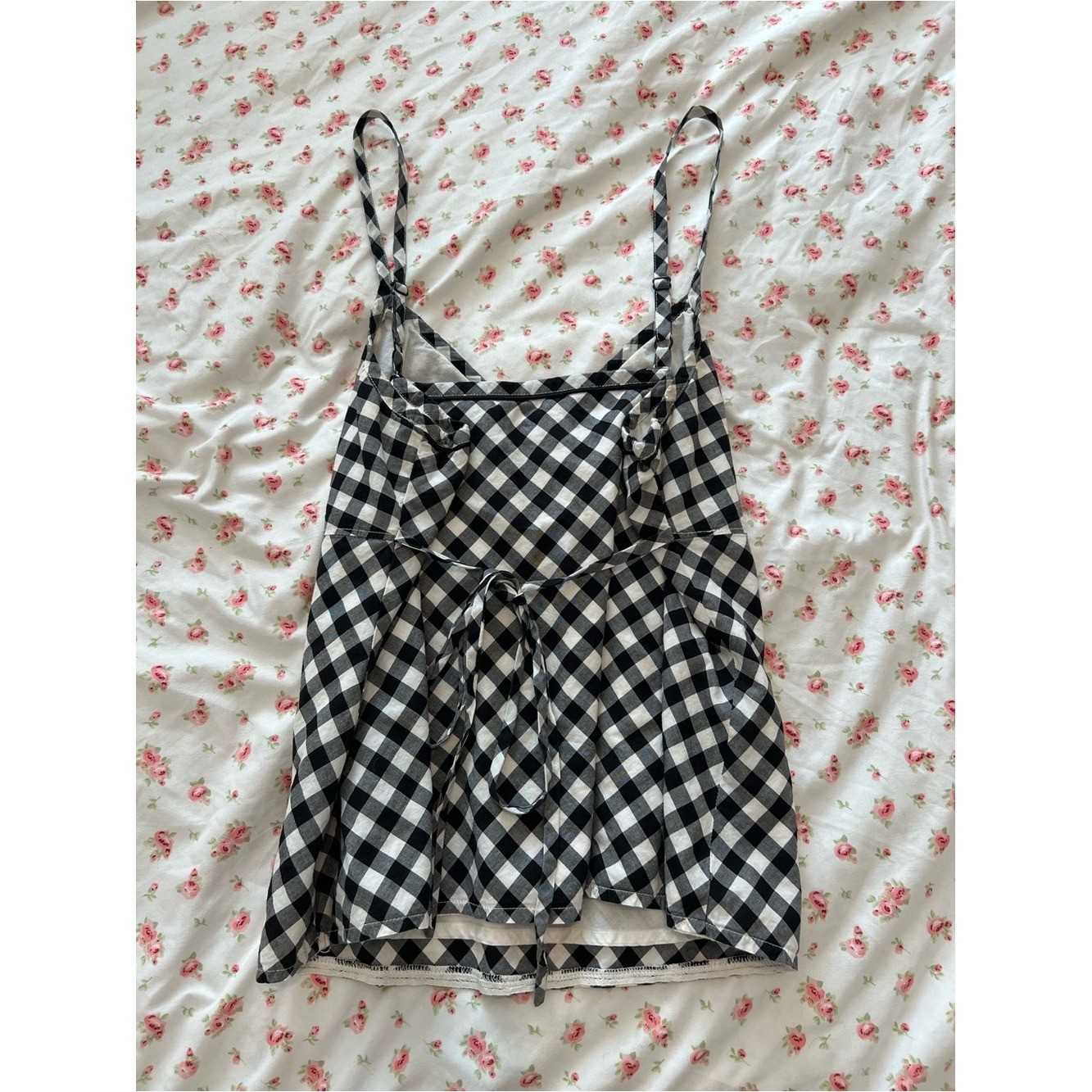 vintage black & white gingham babydoll tank top with lace and bow
