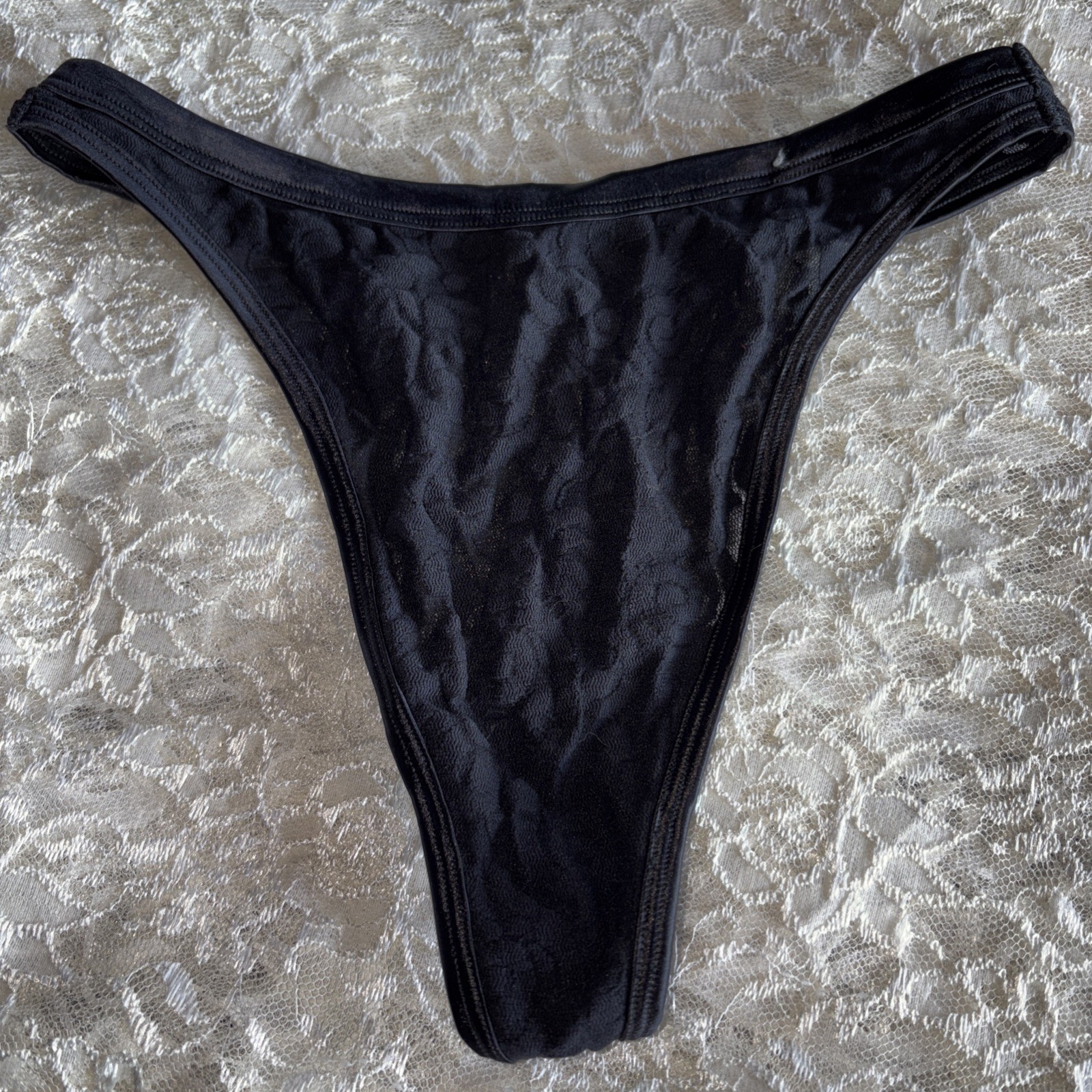 Vanity Fair Black Y2K Lace 7 L Hi Cut Brief Thong String Panties Underwear