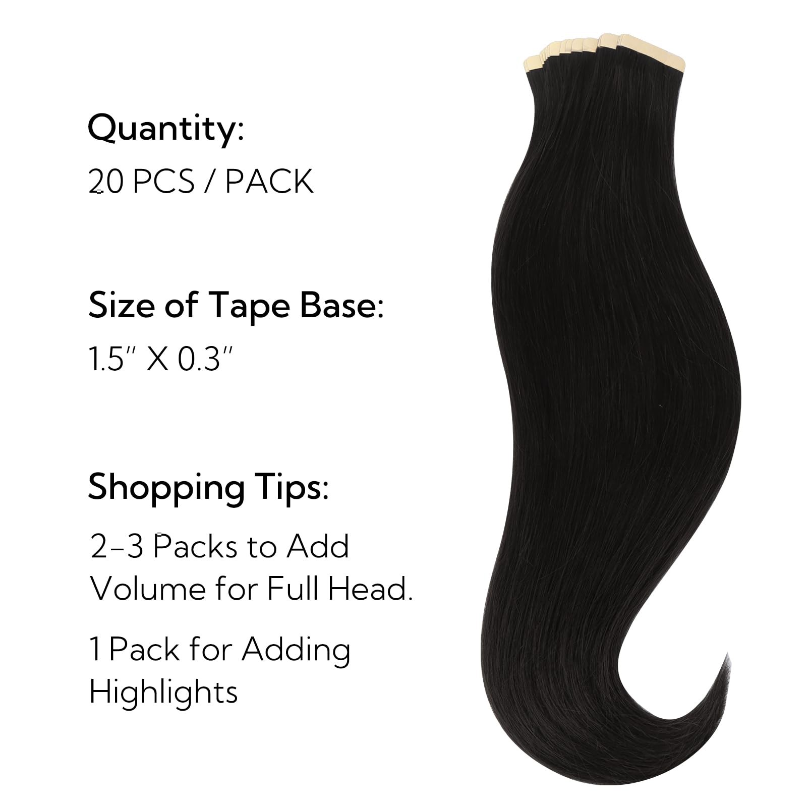 HOTBANANA 16&Prime; 20pc 50g Jet Black Real Remy Human Tape-in Hair Extensions