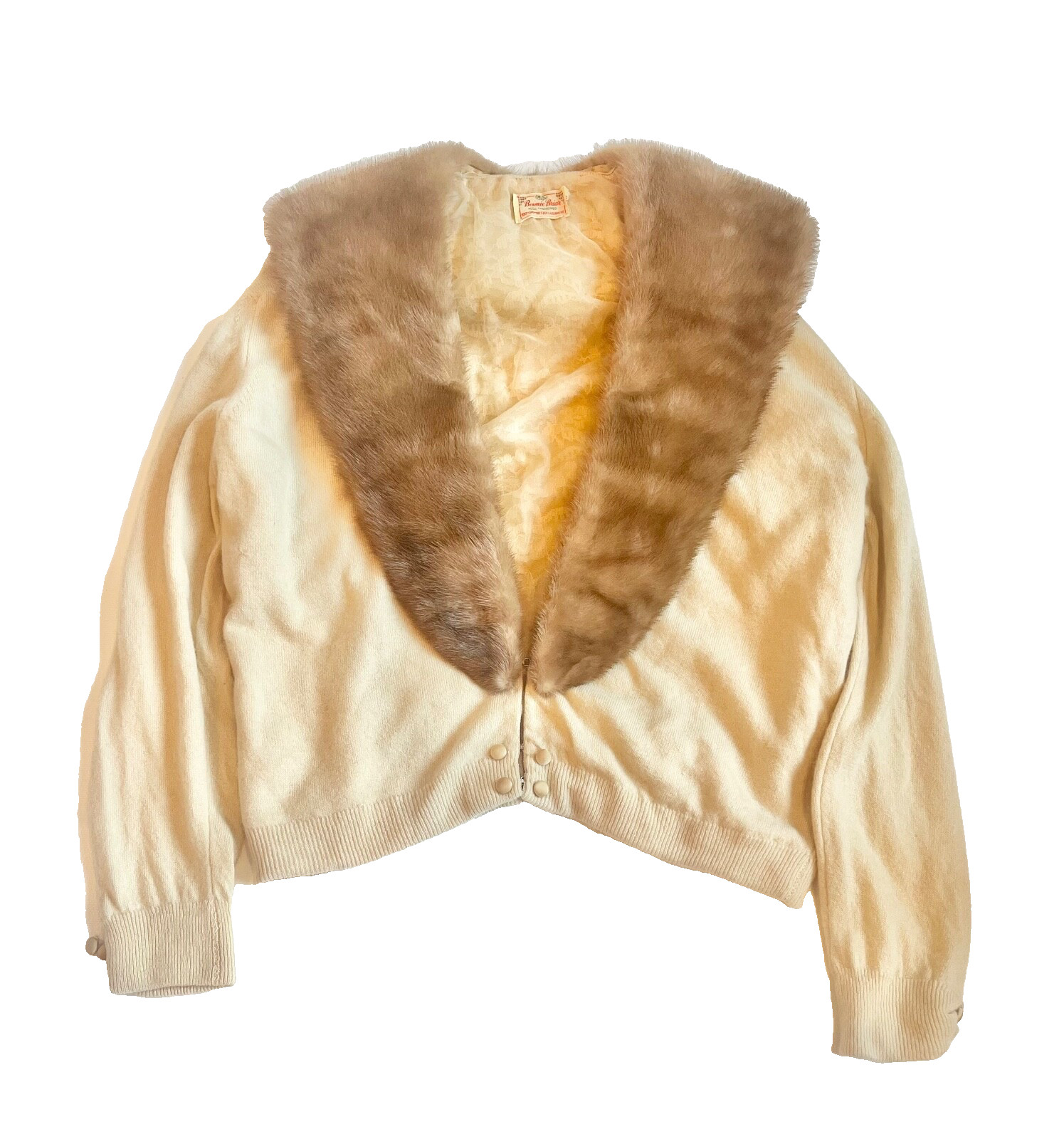 Vtg 1960&rsquo;s Bonnie Briar Ivory Cashmere Real Fur Collar Sweater Satin Buttons FAB