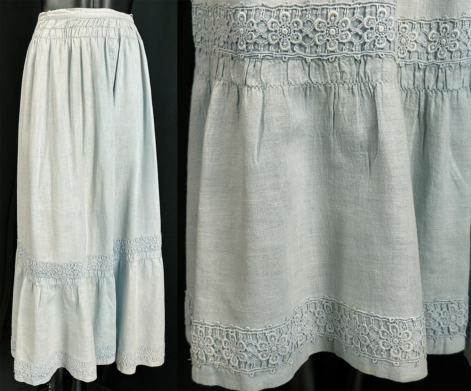 Edwardian Blue Chambray Cotton Linen Lace Trim Women&rsquo;s Walking Suit Skirt VTG