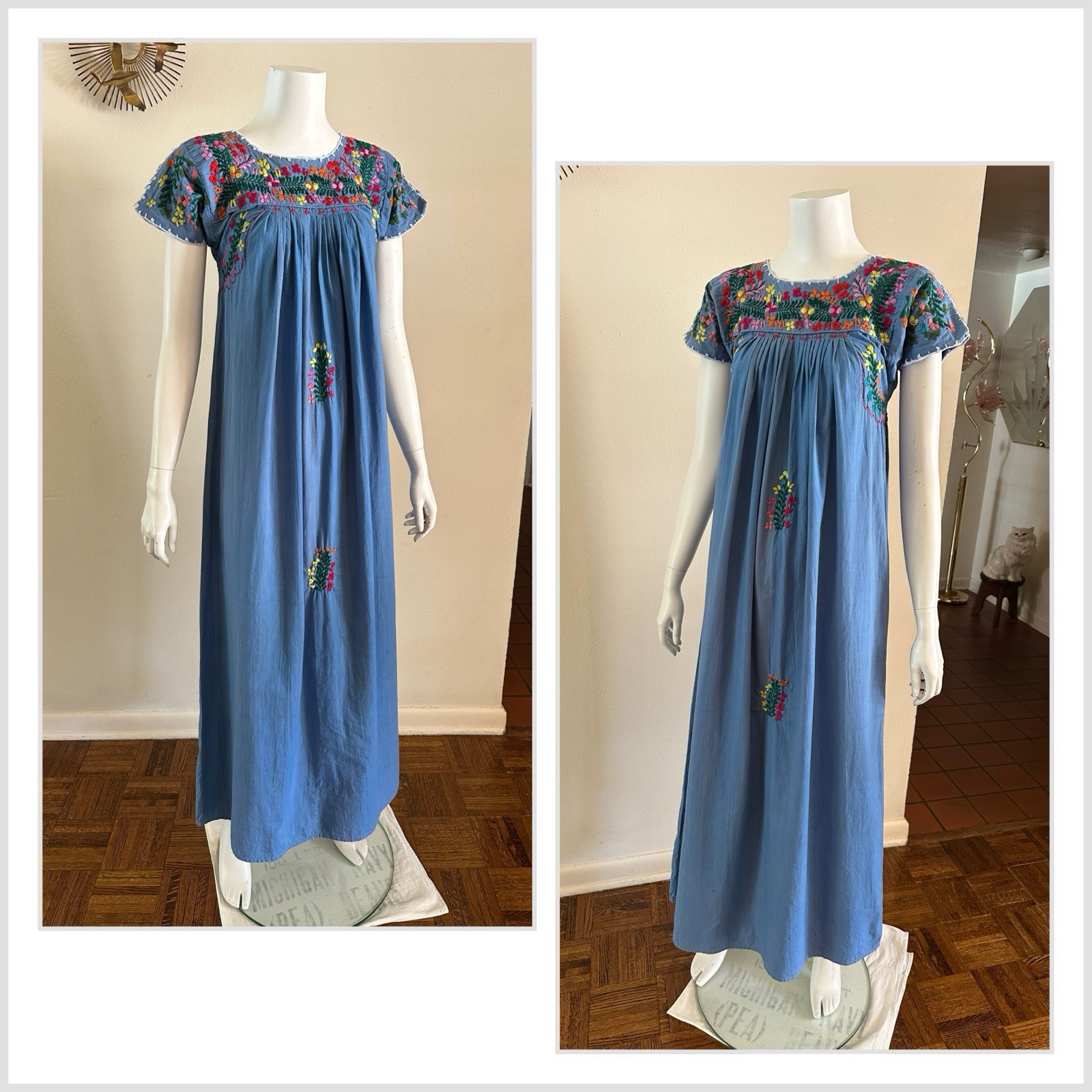 1970s Blue Cotton Oaxacan Mexican Huipil Dress Embroidered Floral Maxi Sz S VTG