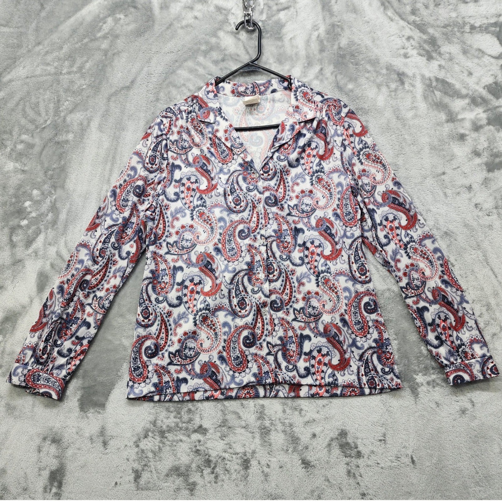 Vintage Graff Californiawear Top Womens 16 Gray Red Paisley Print Long Sleeves