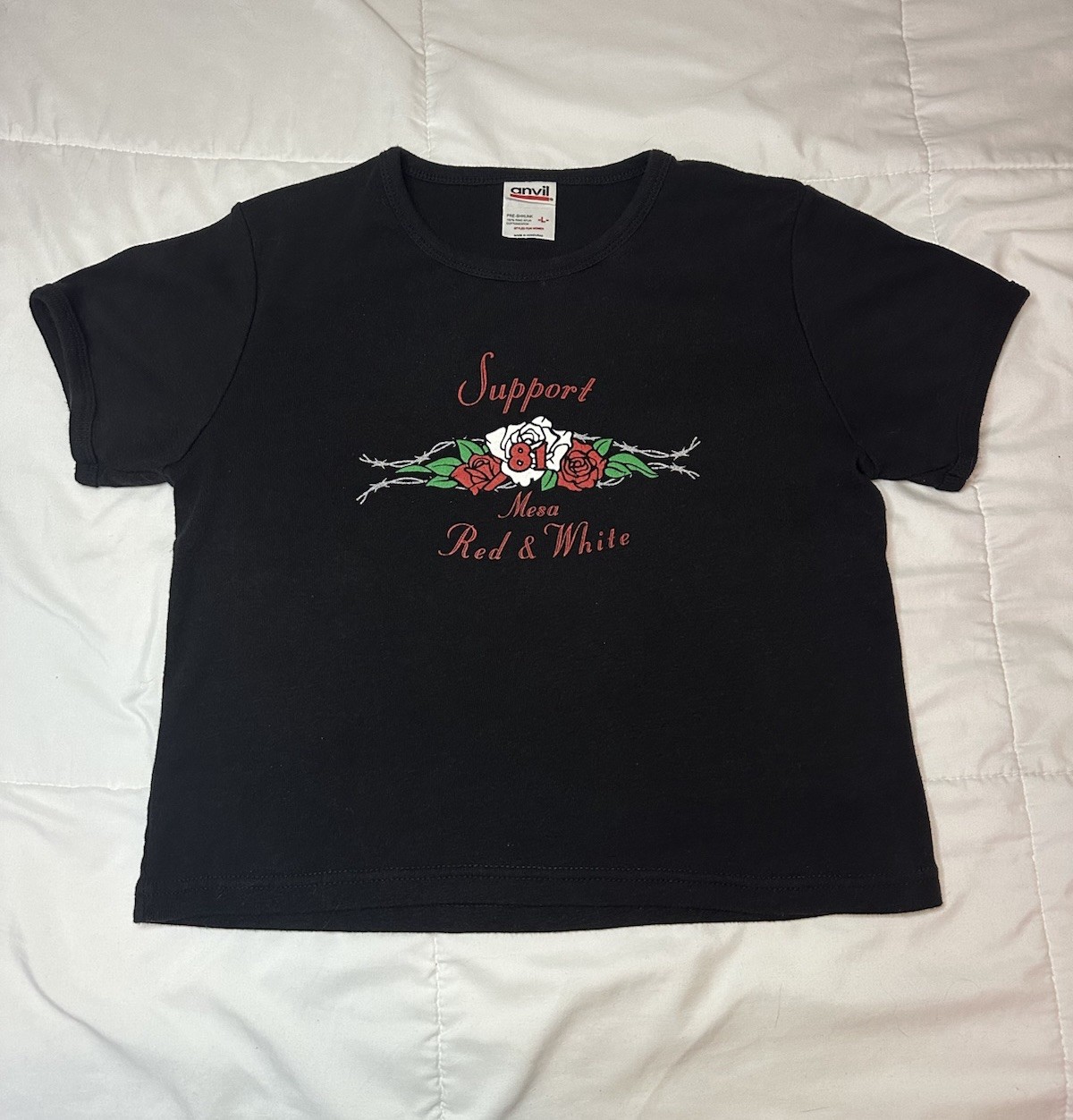 VTG 90s/00s Support 81 Red & White Mesa AZ Rose Women’s T Shirt Size L Y2K Anvil
