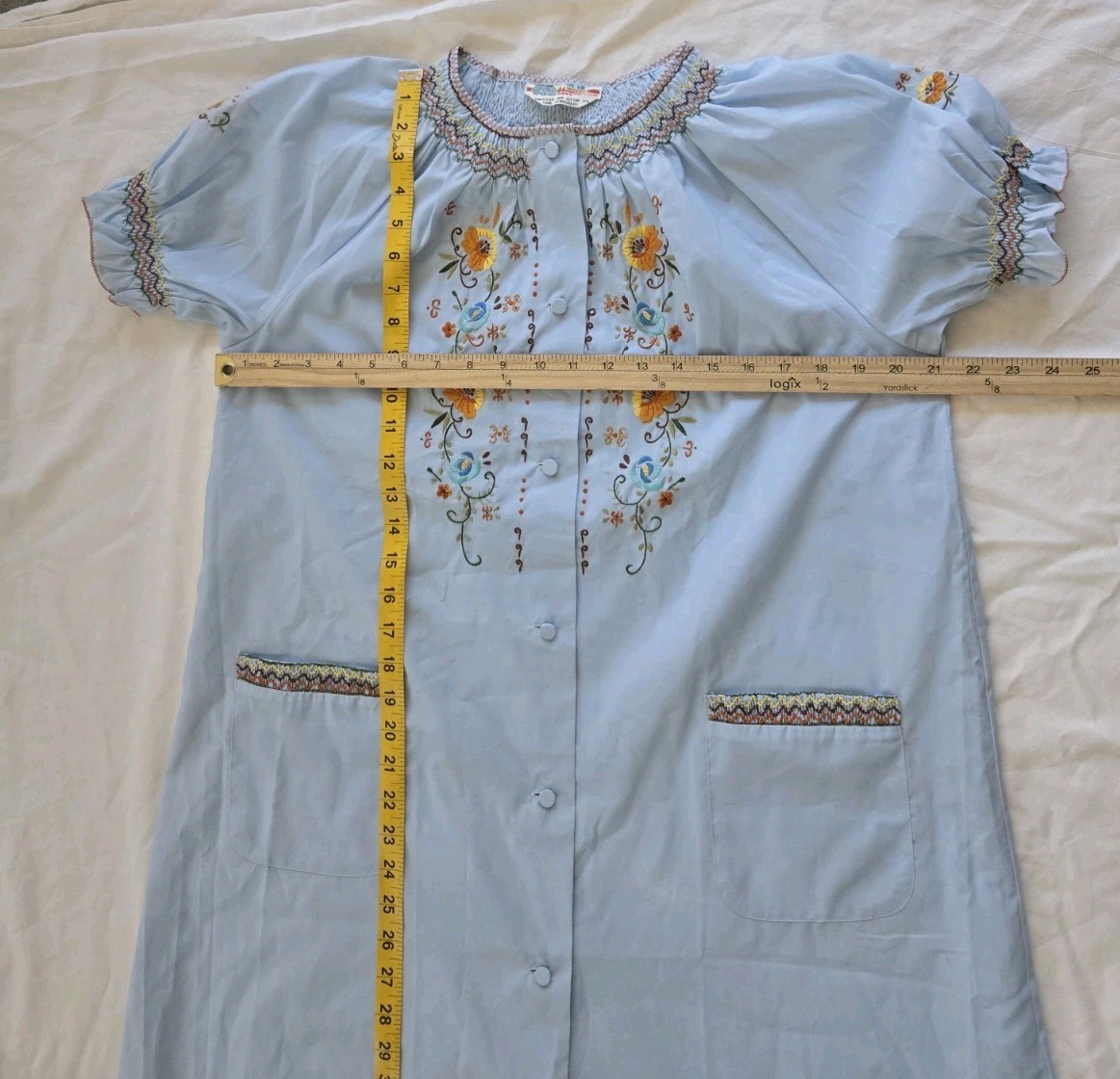 Vintage Peacock House Dress Blue Hand Embroidered Floral Smocked Pockets Size 38