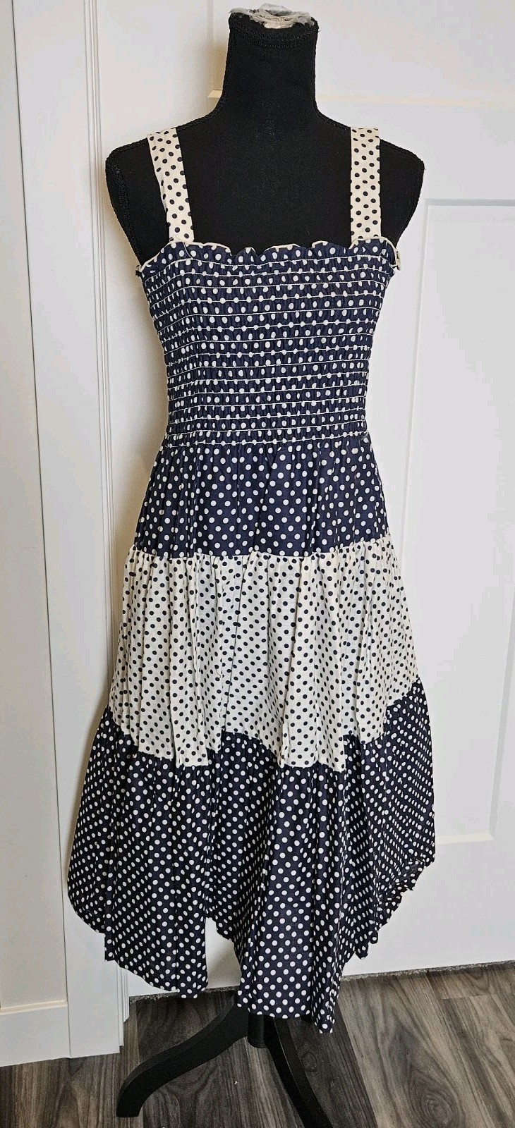 NOS VTG 1970s Blue&White Polka Dot Smocked Bodice Tiered Sundress By Mistra Med