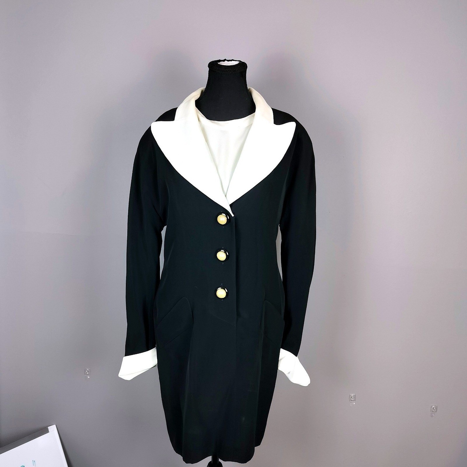 Lida Baday Statement Dress Tailored Longline Blazer Women 12 Black White Pearl