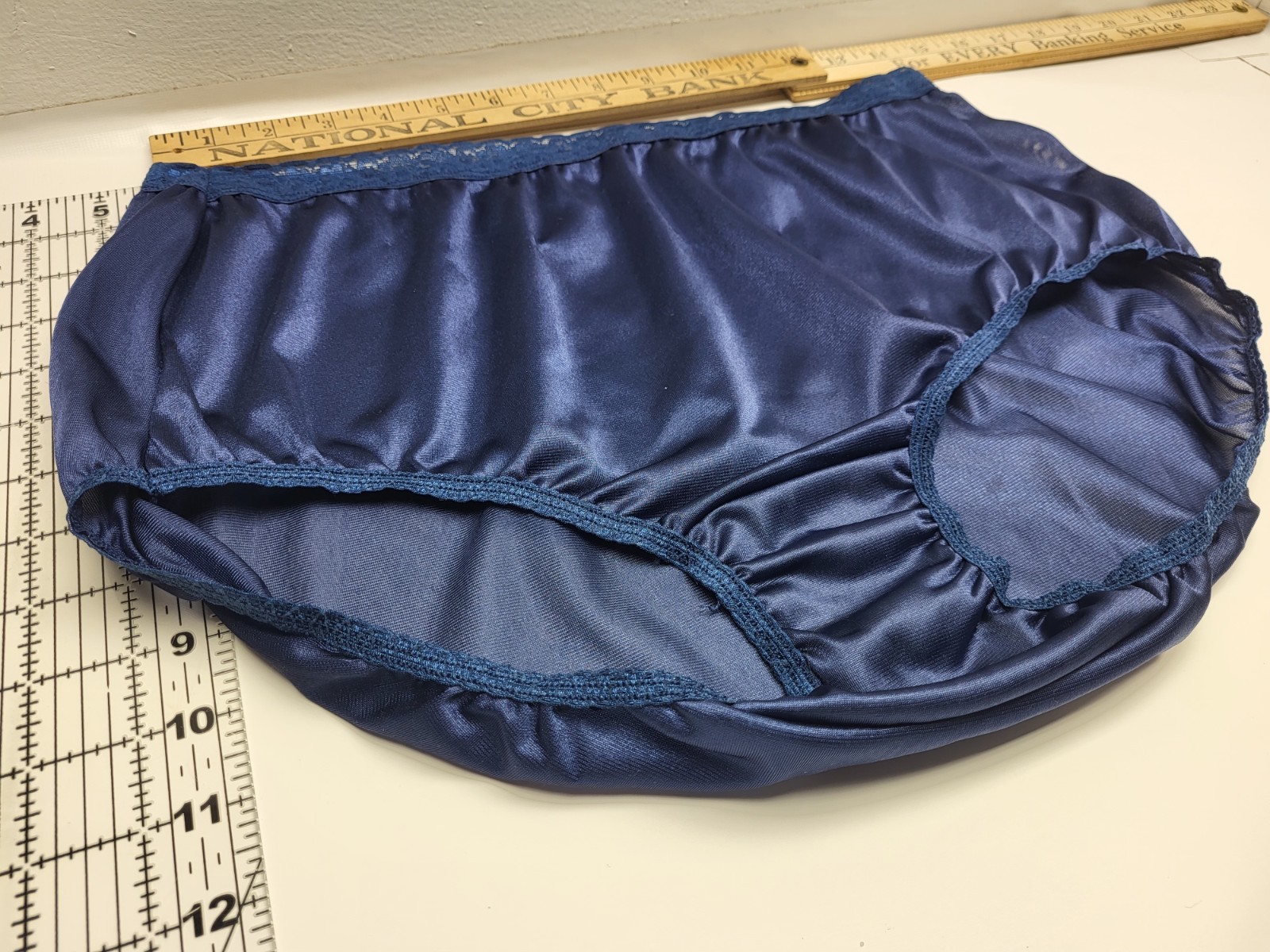 Vtg Navy Blue Satin Solid With Navy Iridescent Waist Lace Elastic Sz10 01111