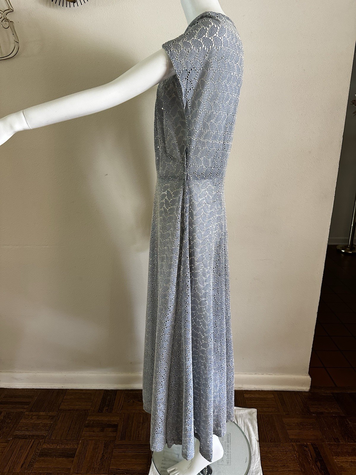 1940s Embroidered Rayon Crepe Cutwork Hostess Lounge Dress Blue Maxi L XL