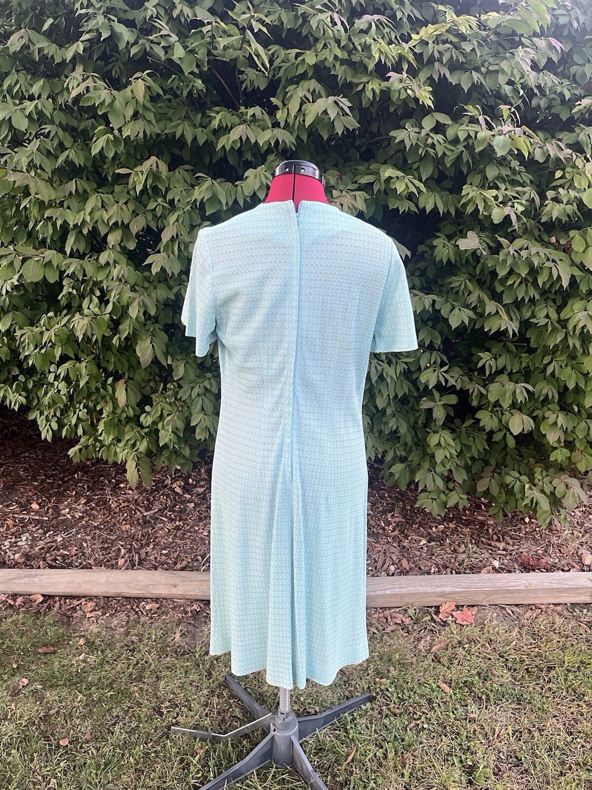 Vintage 60’s Mod Aqua Blue Polyester Knit Button Detail Dress S/M