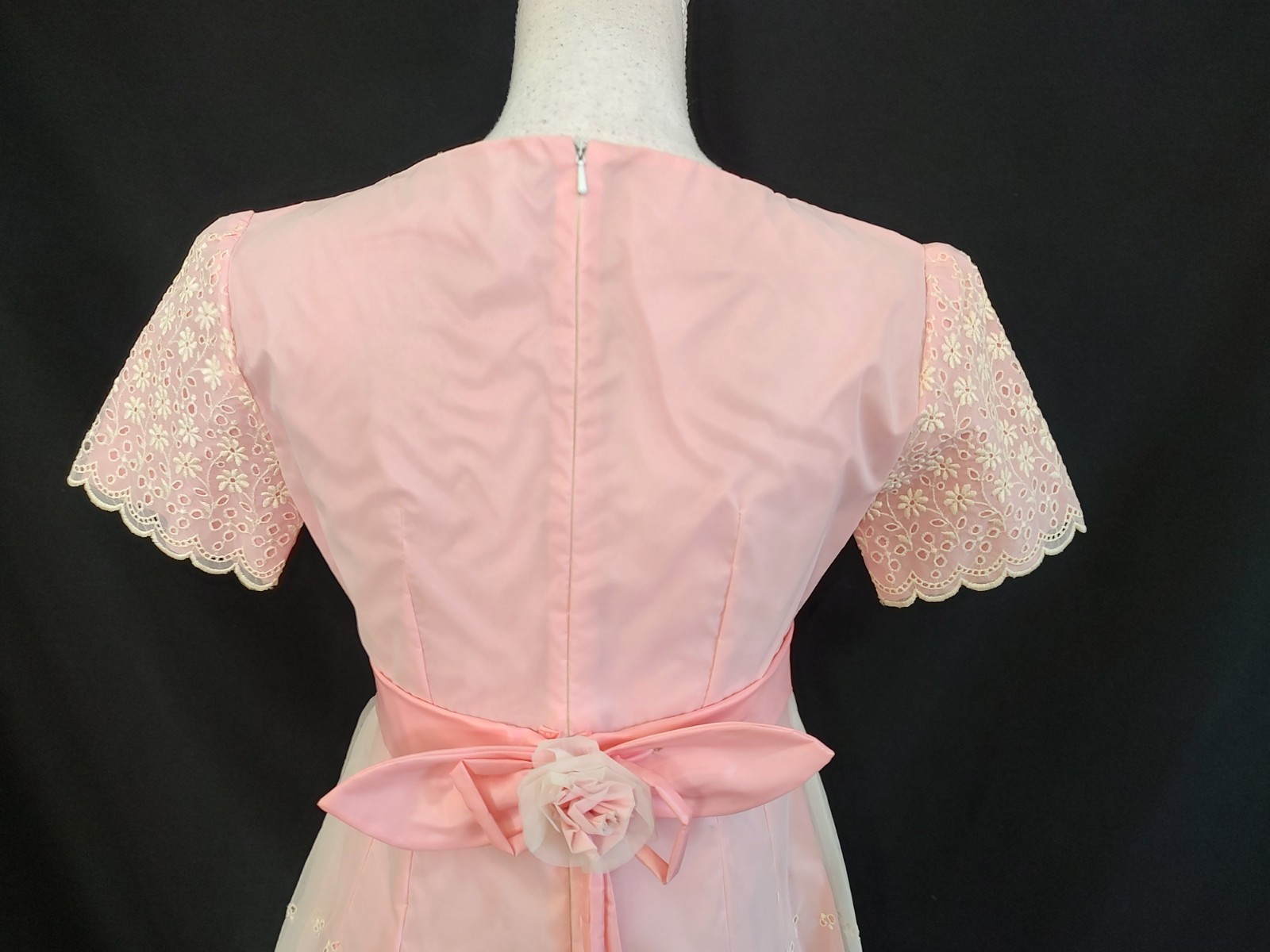 60&rsquo;s Vintage Pink Dress Eyelet Organza Taffeta Coquette Girly Short Sleeve XS/S