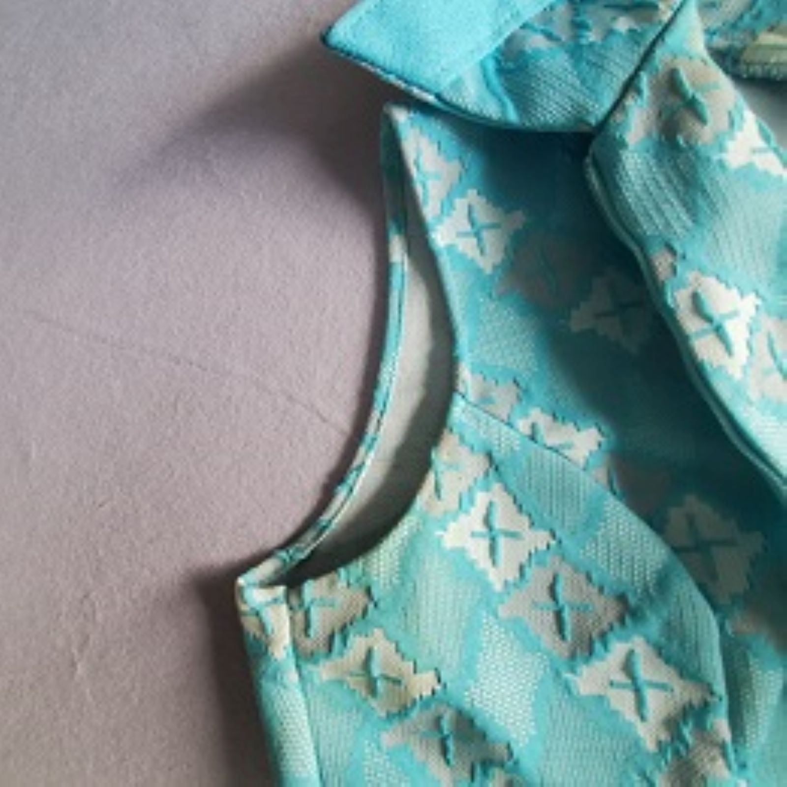 VTG 1970S Geometric Double Knit Shift Dress, Aqua/White Sleeveless Mod Tie L 12