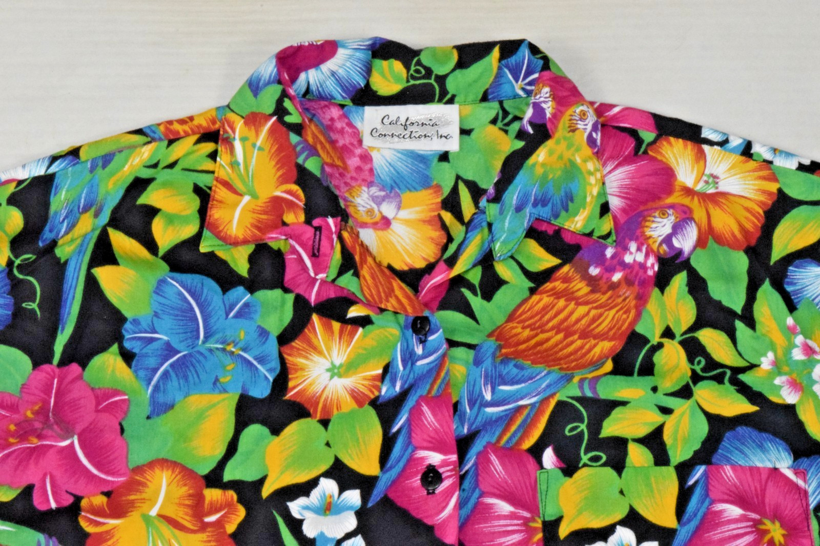 Vintage Shirt California Connection Size L 80s Tropical Parrots Wide Shoulder