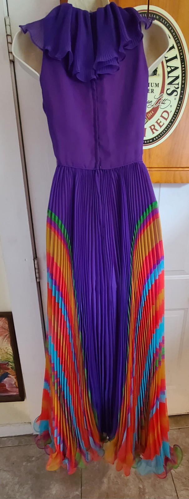 VTG Chiffon Pleated Rainbow Stripe Purple Maxi Dress Ruffle Collar V Neck UV Glo
