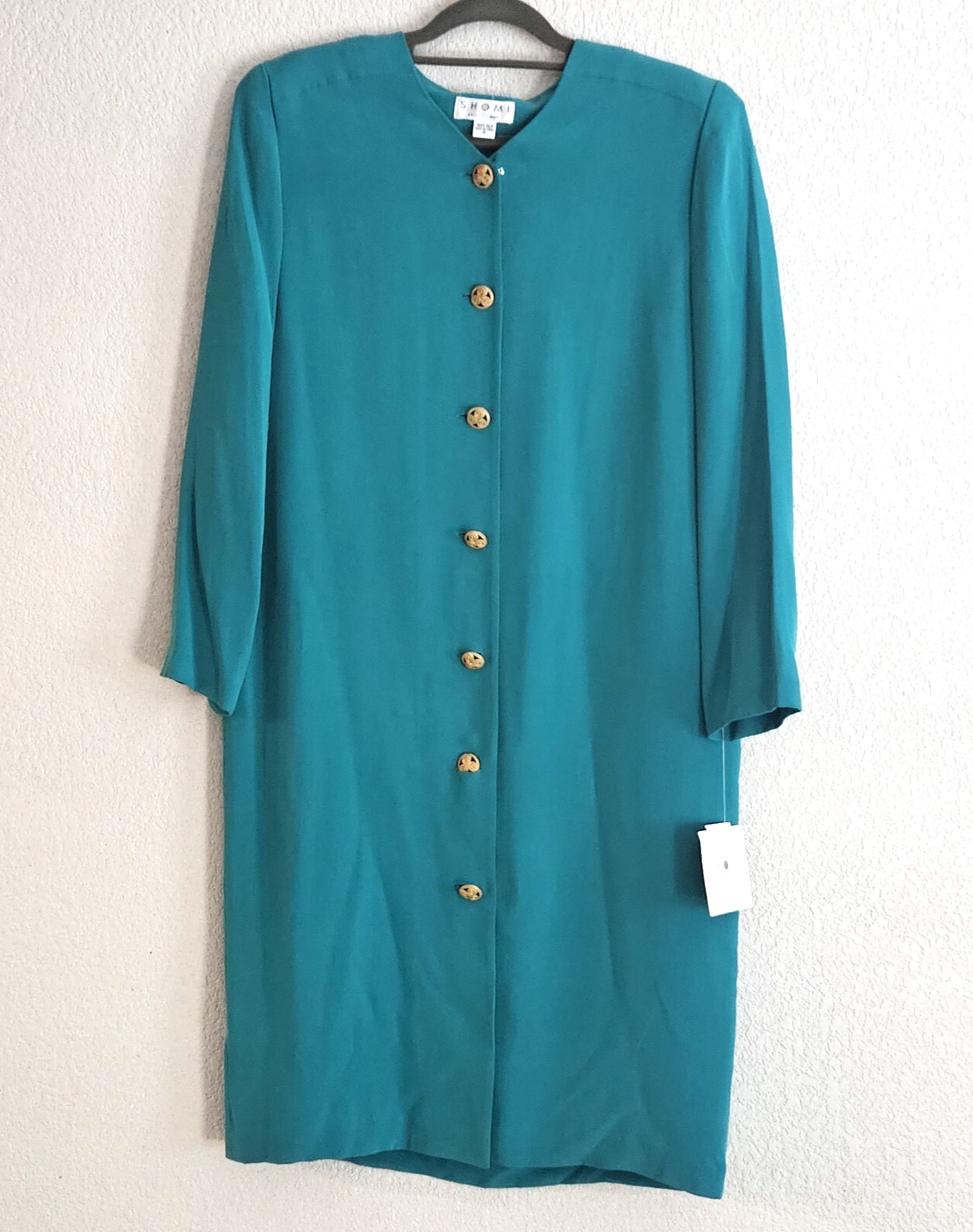 Vintage 80s Shomi 100% Silk Midi Teal Green Dress w Shoulder Pads Size 12