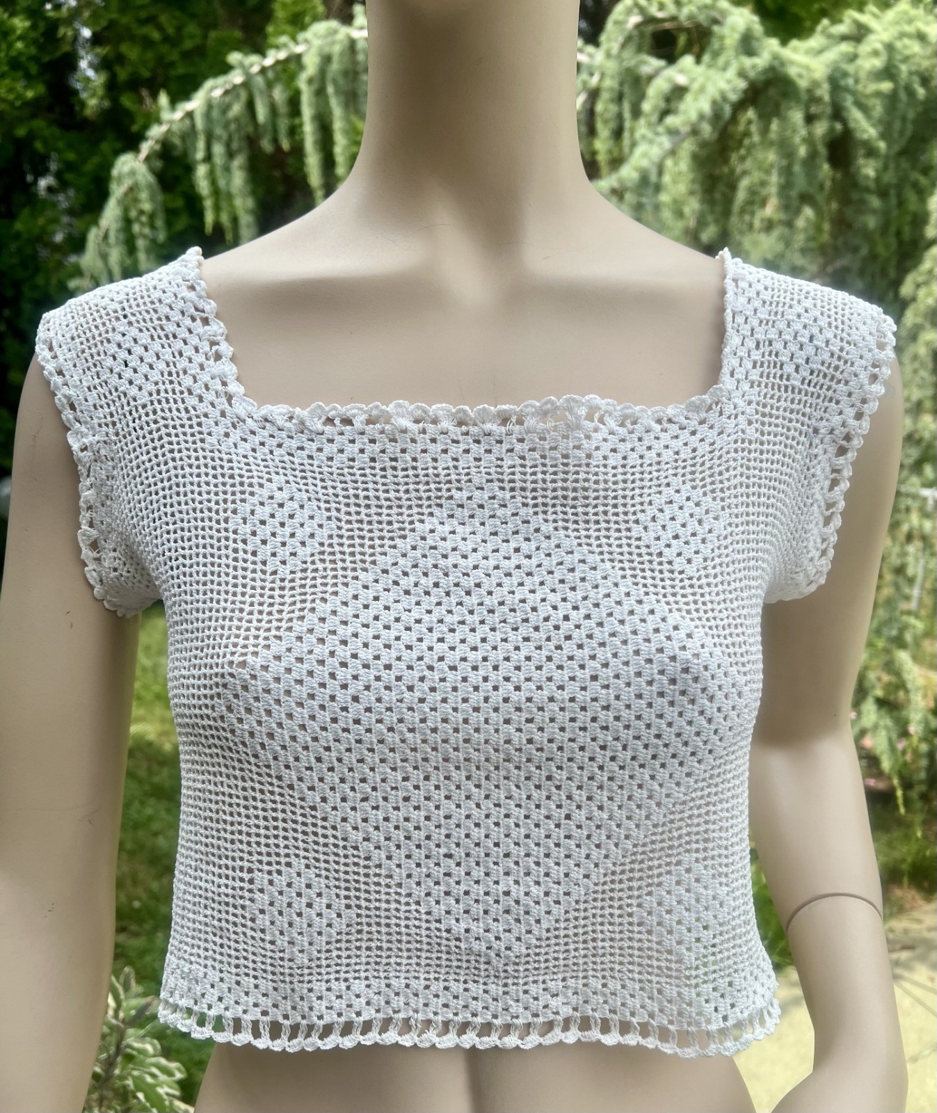 ANTIQUE EDWARDIAN WHITE CROCHET CAMISOLE TOP W/ DIAMOND PATTERN