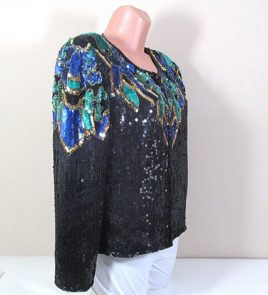 STENAY XL Black Silk Vibrant Multicolor Sequined Beaded L/S Mardi Gras Top
