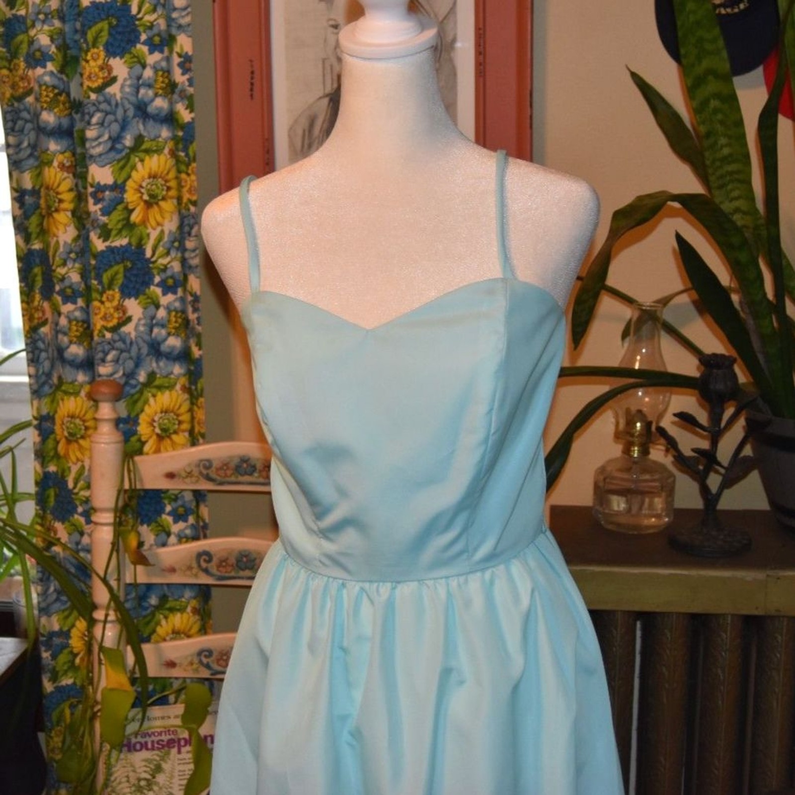 Vintage 1970s Powder Blue Satin Dress Spaghetti Strap Sweetheart Maxi Size XS