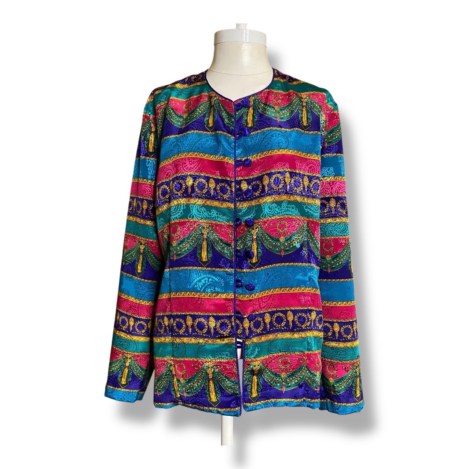 Vintage Womens Jacket Purple Gold Baroque Print 90s Top Kristy Michaels Satin L