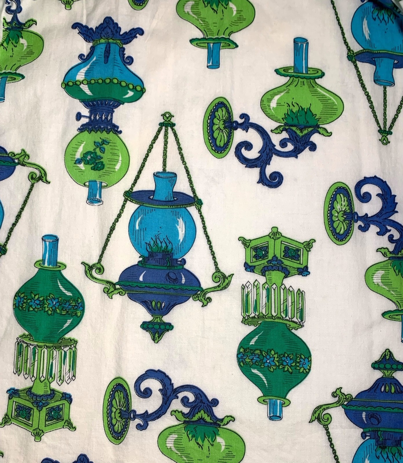 Vintage 60s Women&rsquo;s Blue + Green Novelty Lamp Print Skirt with Belt- Sz XS/S