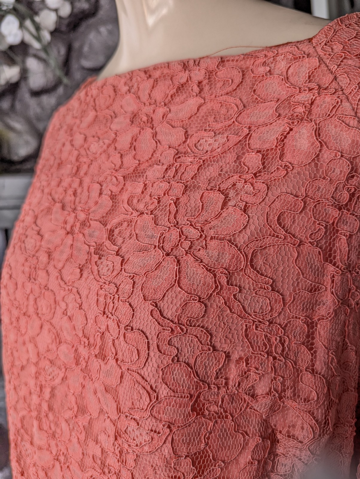 Vtg 60s Coral Peach Lace A-line Dress Bell Sleeves Satin Bow Sz M Party Cocktail