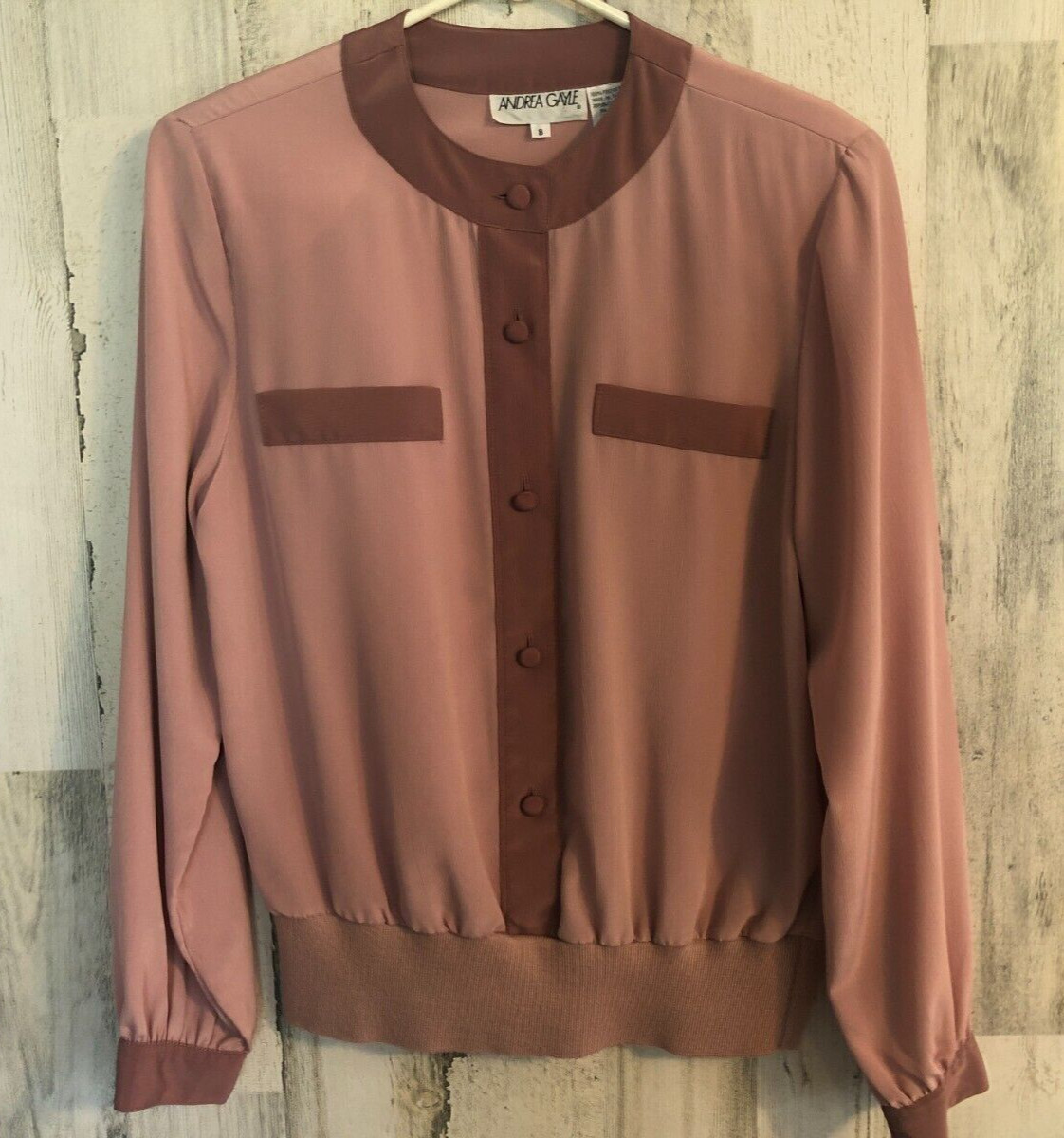 vtg ANDREA GAYLE Rose Pink Silky Blouse Sz 8 Long Blouson Sleeves Pullover 80s