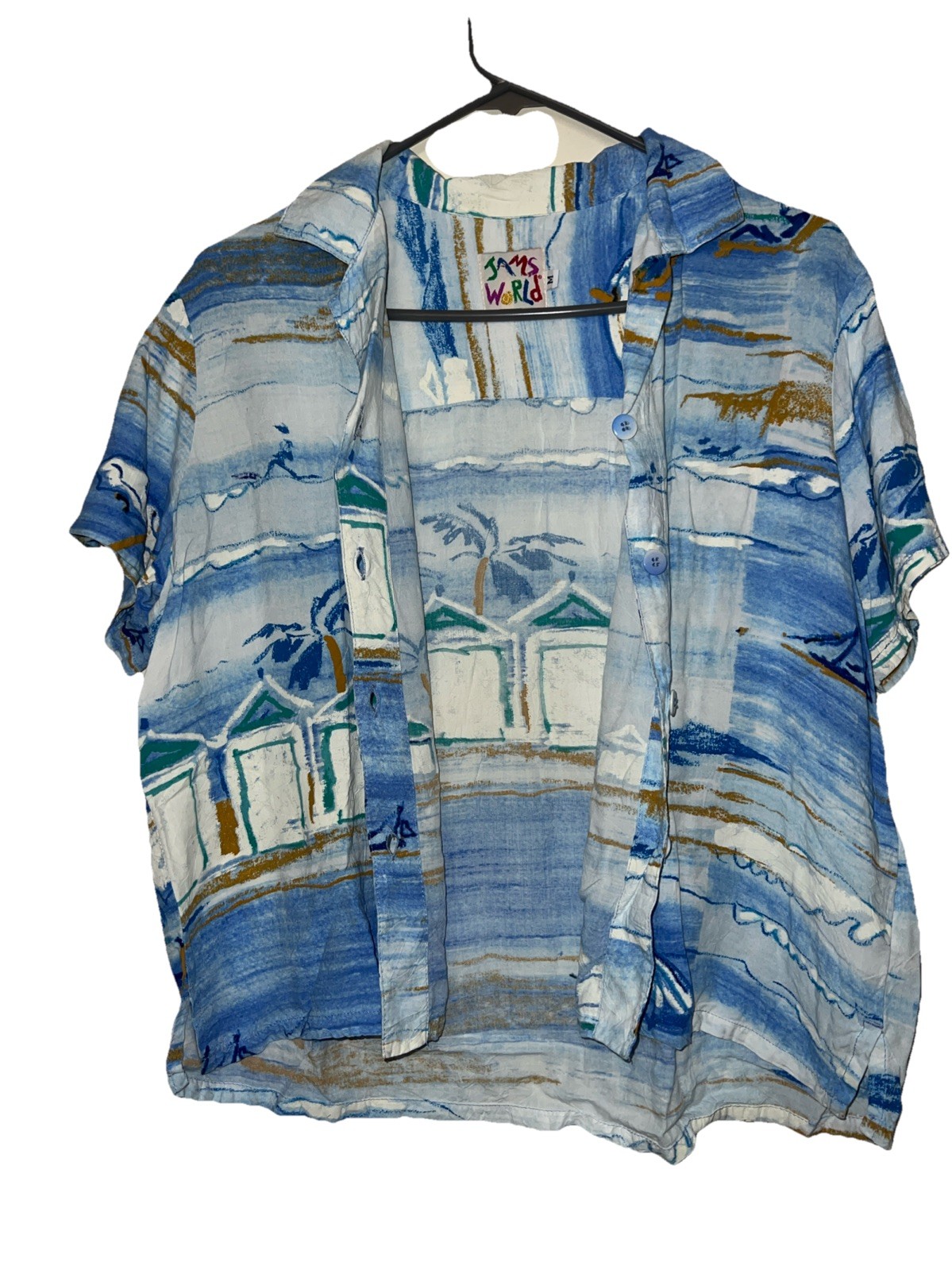 VTG 80s 90s Jams World Mist Pattern Women’s Button Up Shirt Blue Hawaiian Print