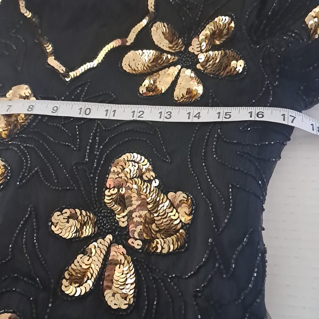 Vintage Stenay Silk Sequin Beaded Top Small Floral Black Gold Regency Goth Event