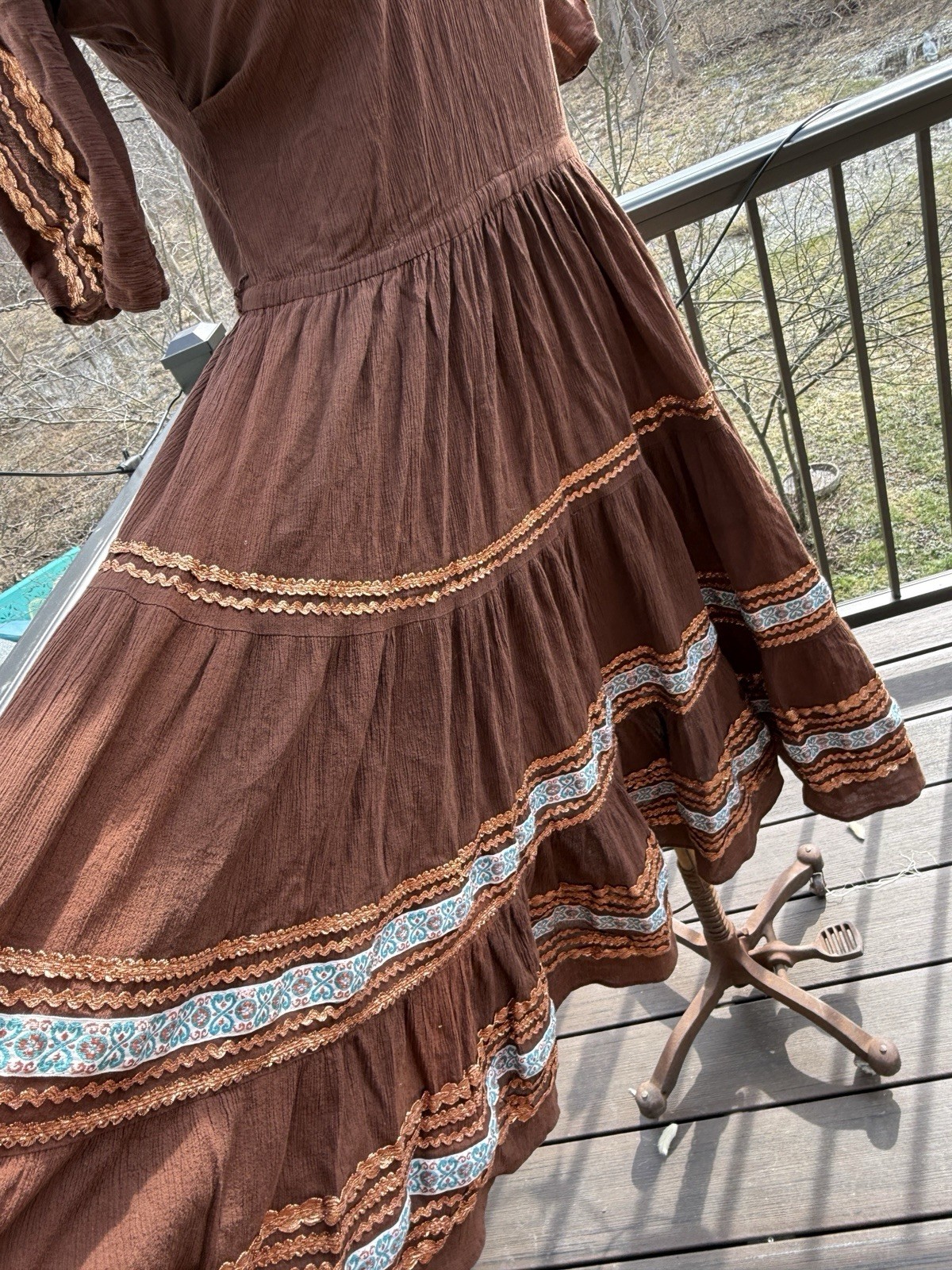 Vintage Faye Creations Patio Fashions Arizona Brown Dress Copper / Blue Trims