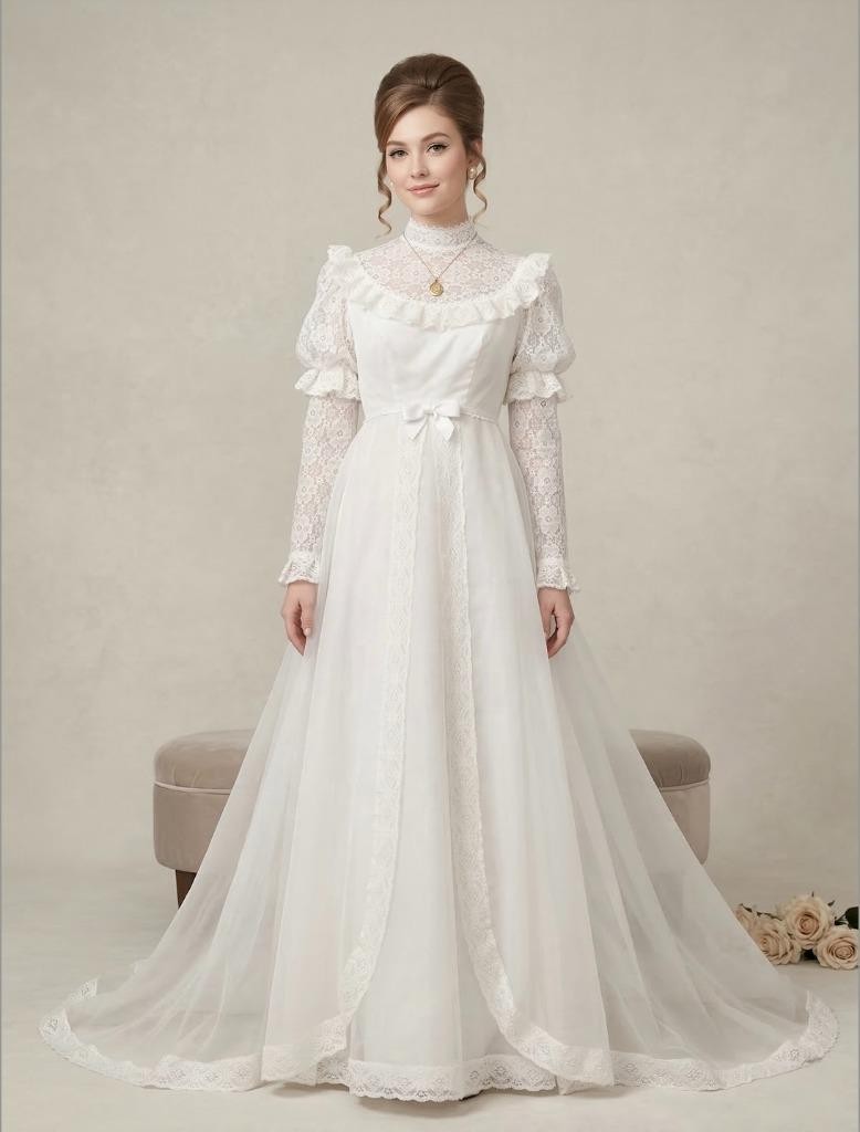 Vintage 60s White Wedding Dress with with Sheer Overlay & Detachable Train sz S