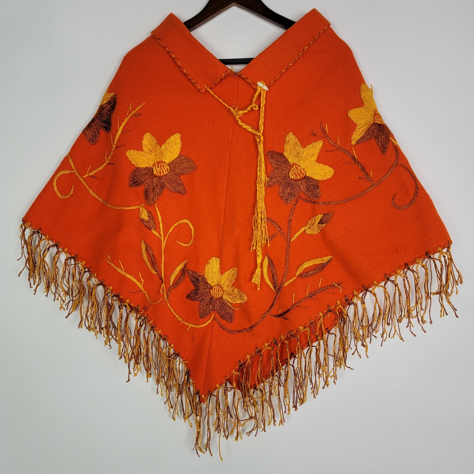 Vintage 40s Wool Felt Embroidered Mexico Poncho Fringed Orange and Brown Floral
